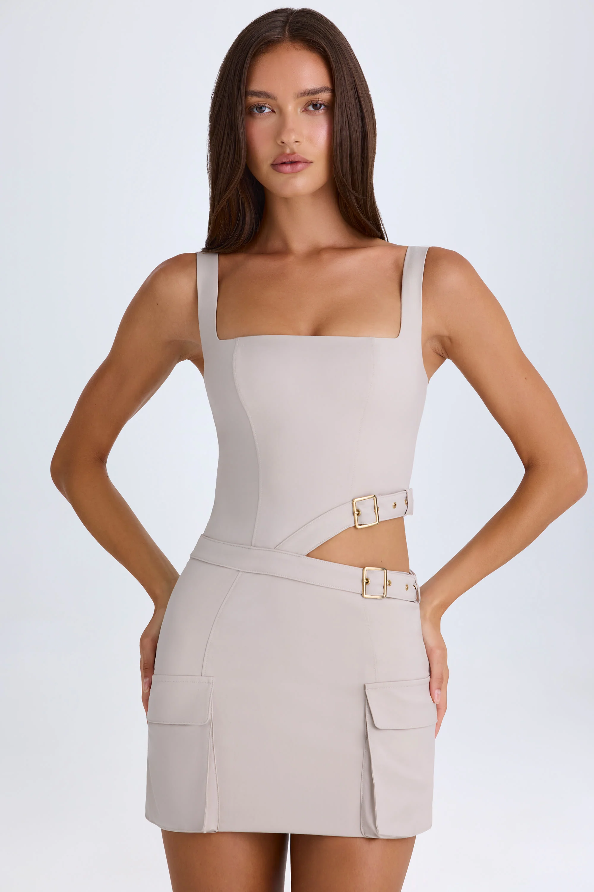 Belted Cut-Out Mini Dress in Taupe - Image 4
