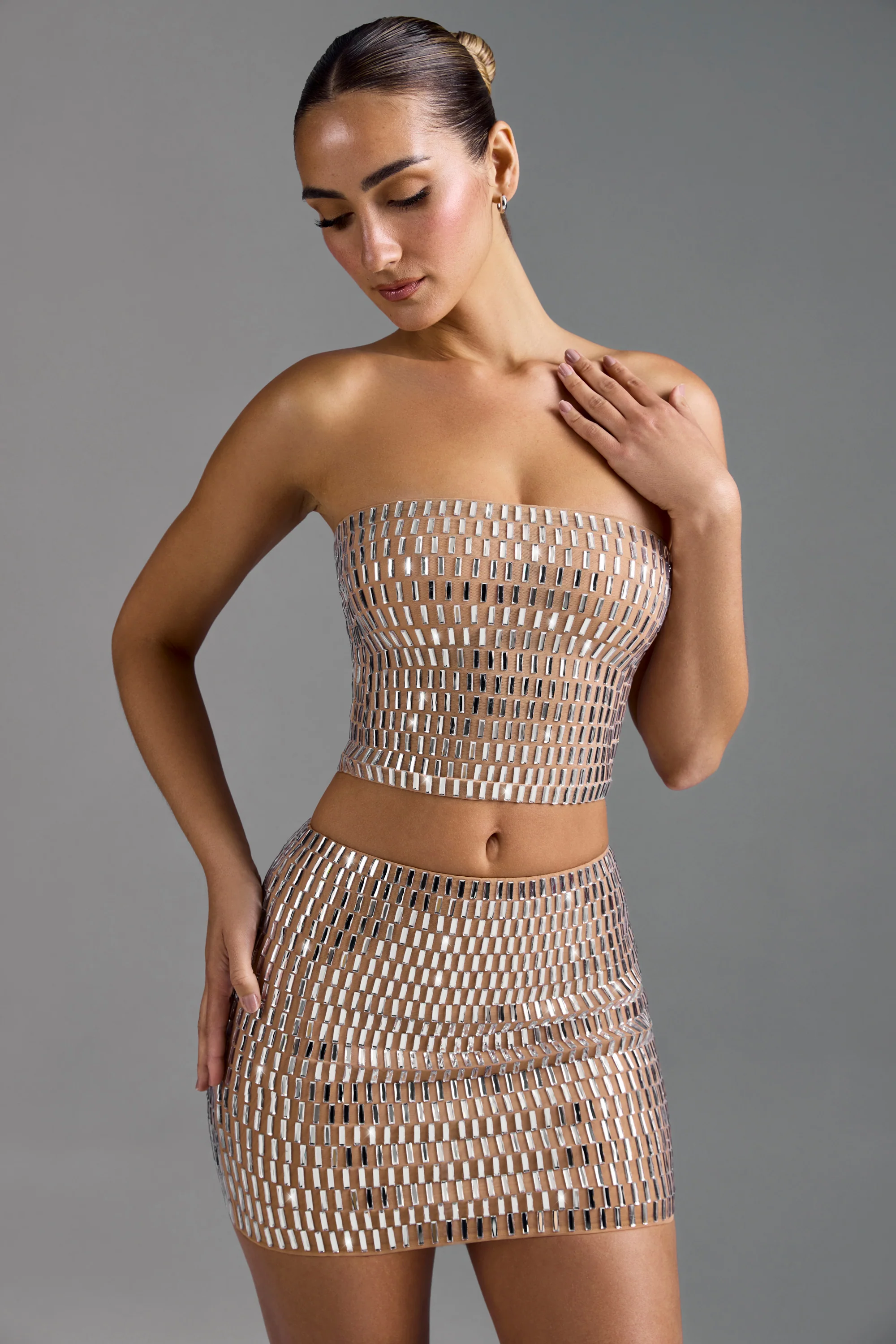 Embellished Low-Rise Micro Mini Skirt in Almond - Image 9