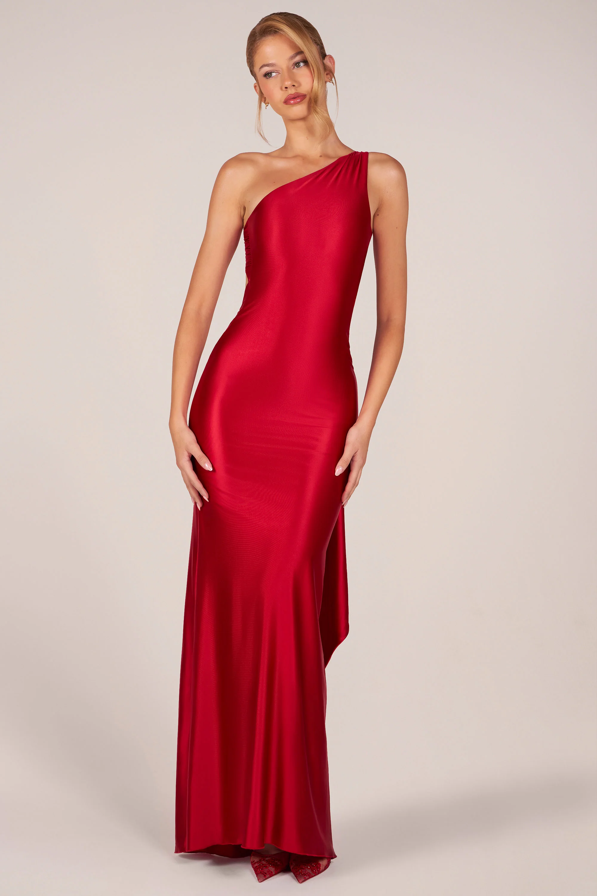 Asymmetric Tie-Back Gown in Cherry - Image 6