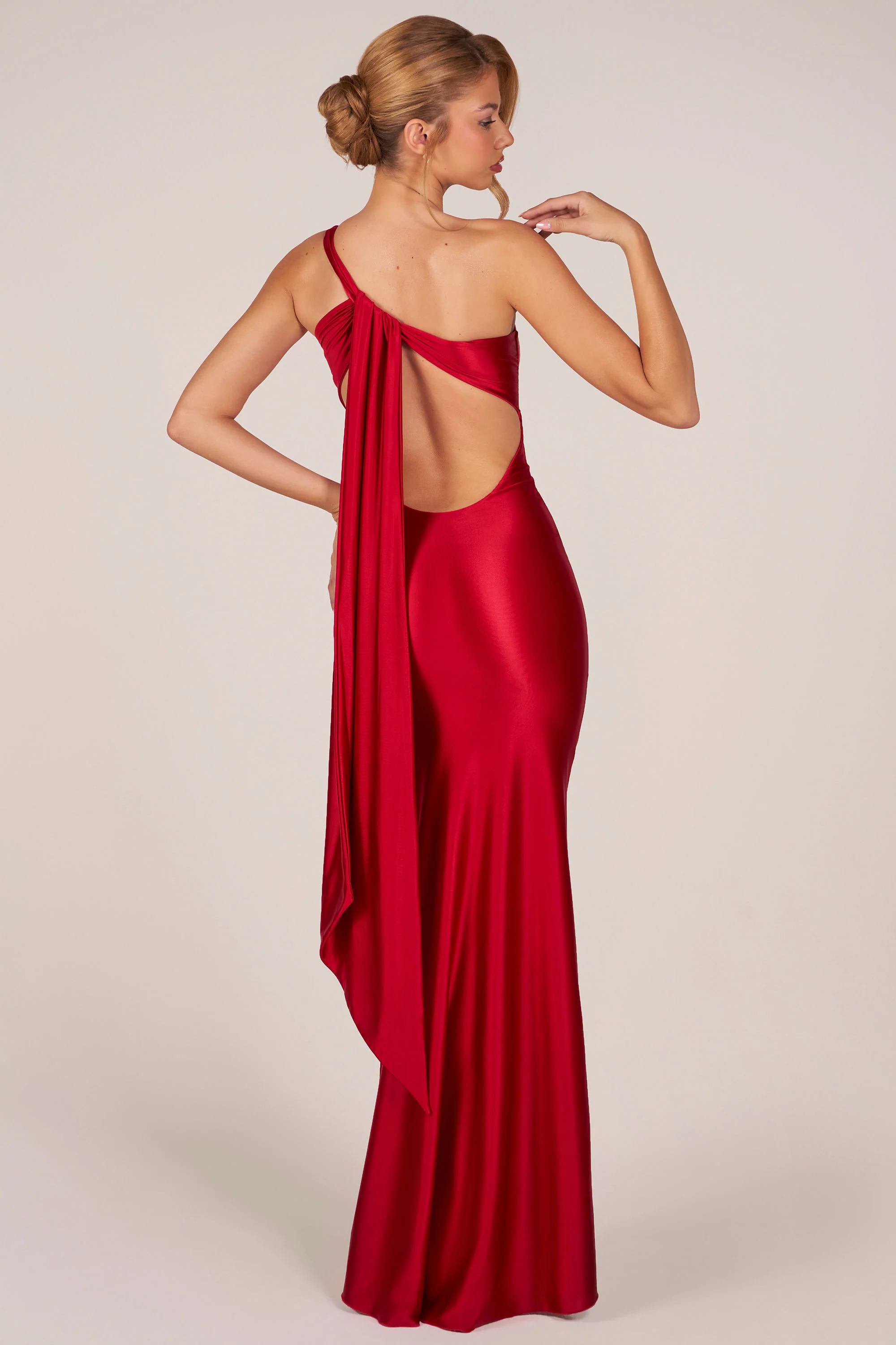 Asymmetric Tie-Back Gown in Cherry - Image 7