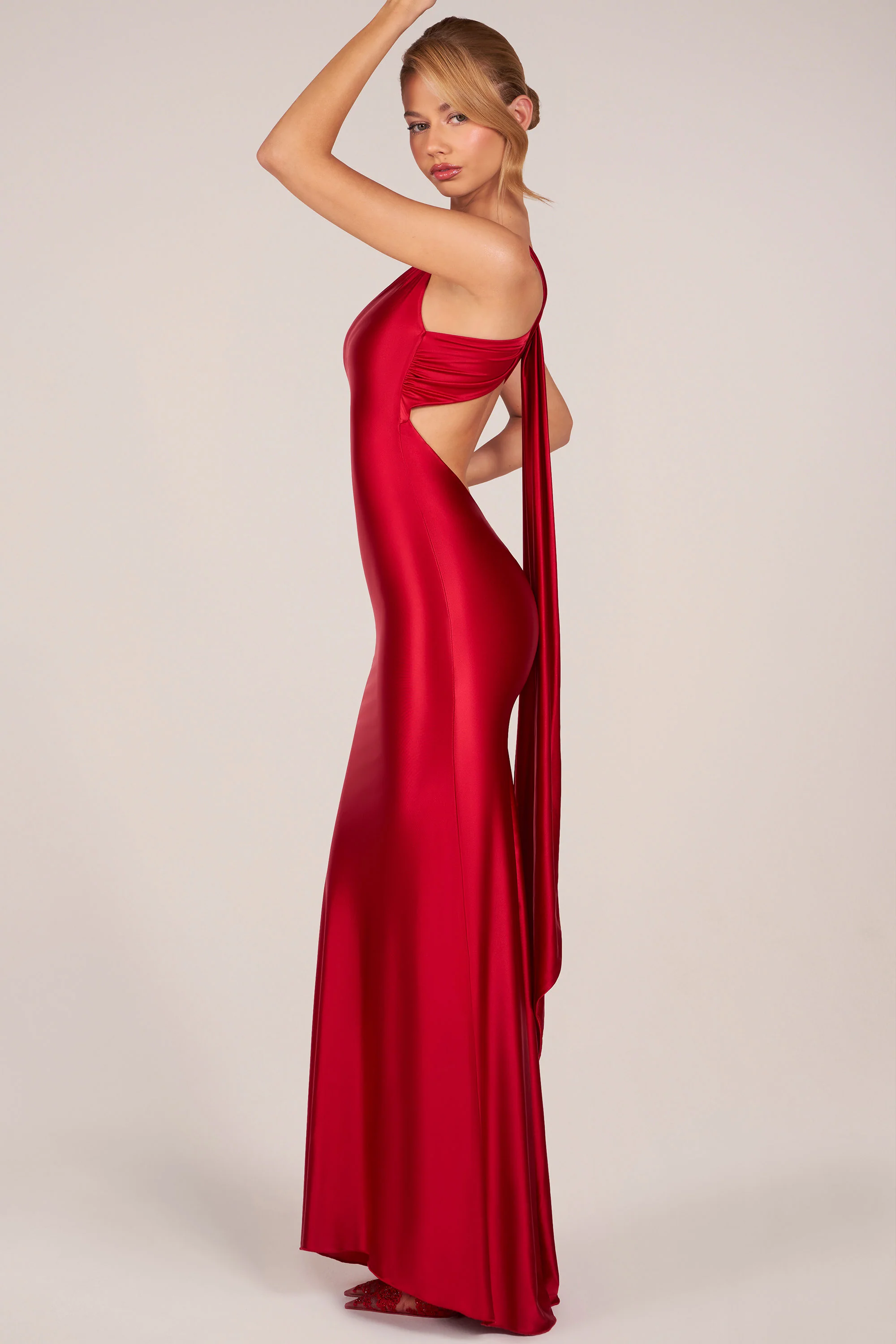 Asymmetric Tie-Back Gown in Cherry - Image 8