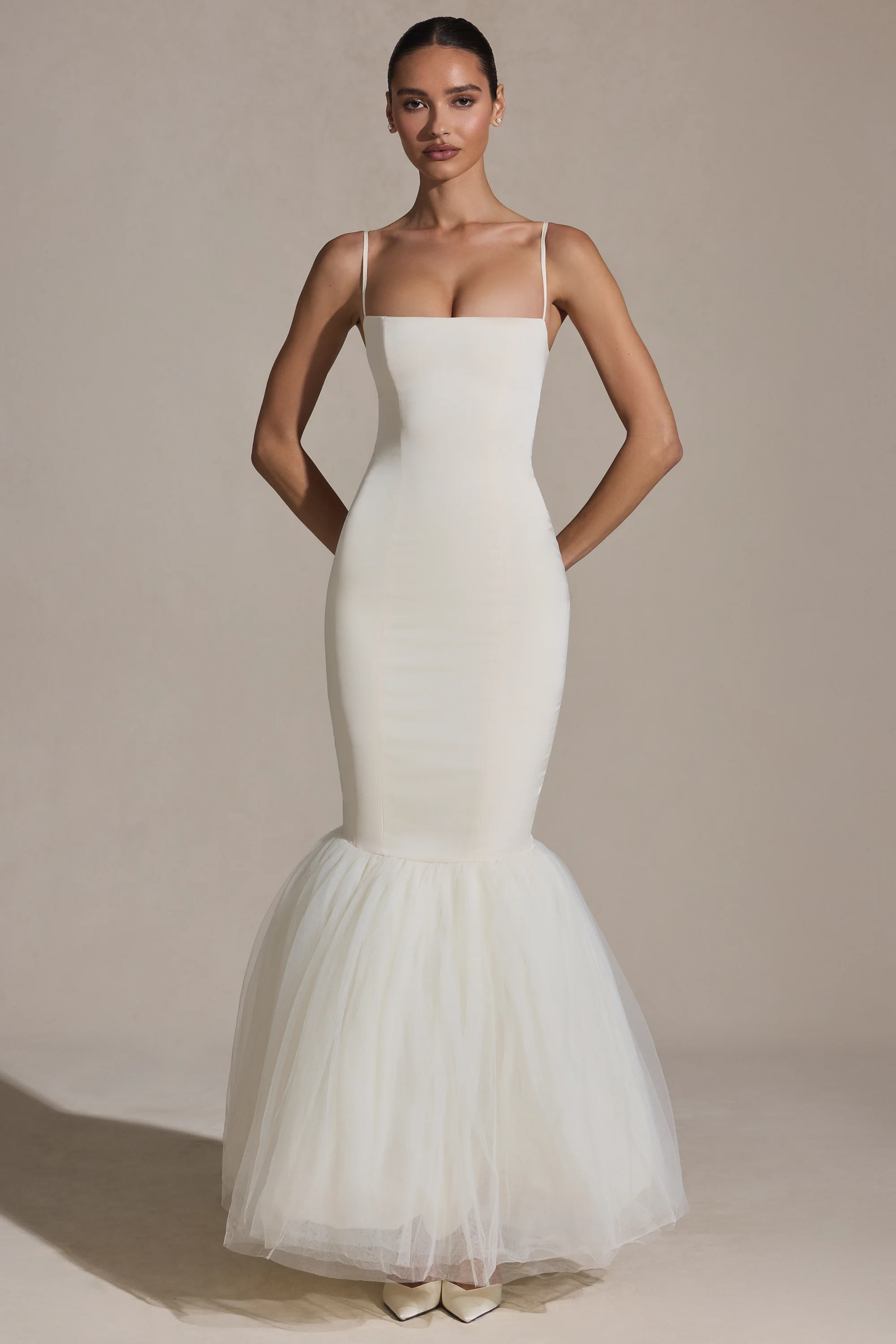 Tulle Hem Fishtail Gown in Ivory - Image 4