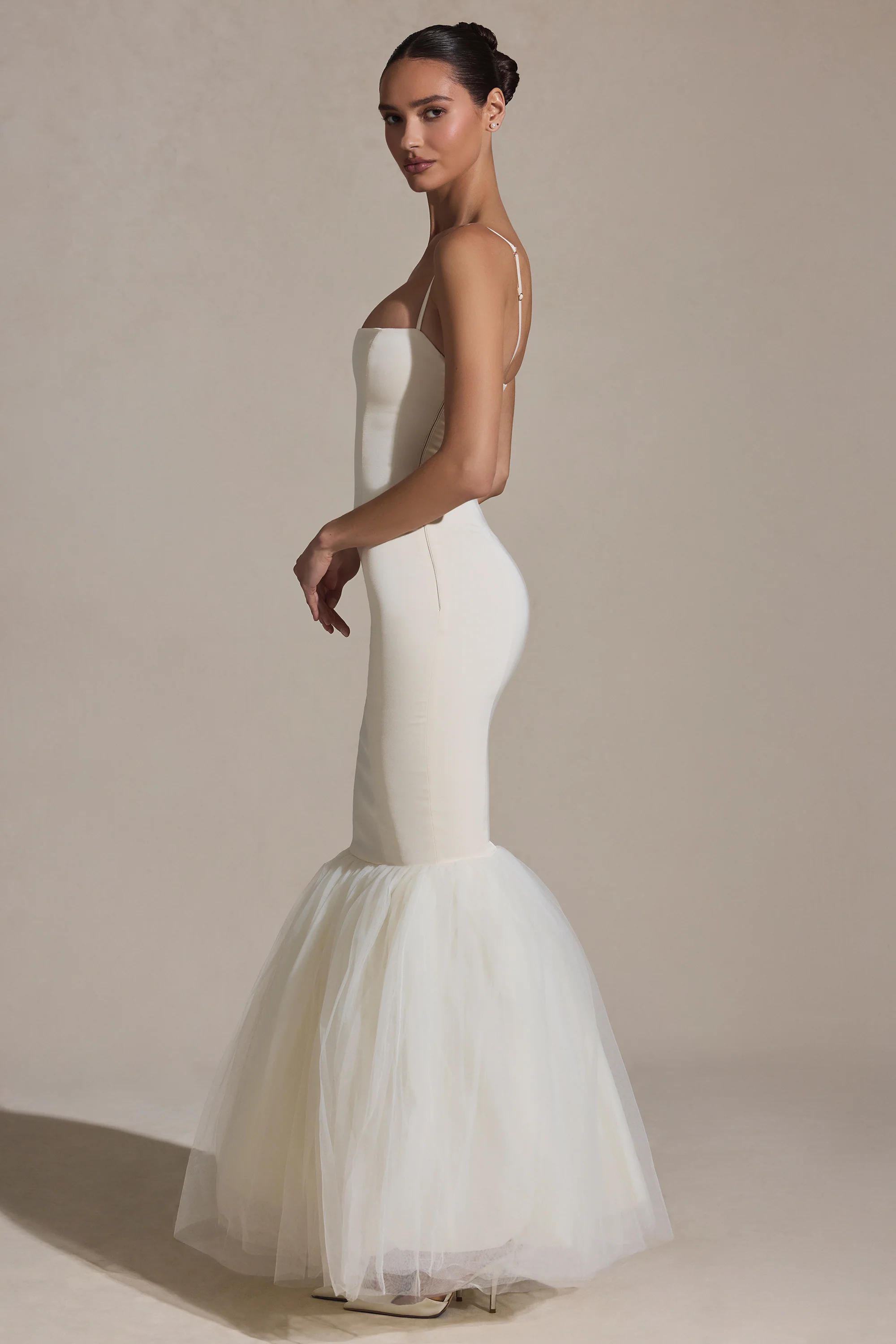 Tulle Hem Fishtail Gown in Ivory - Image 5