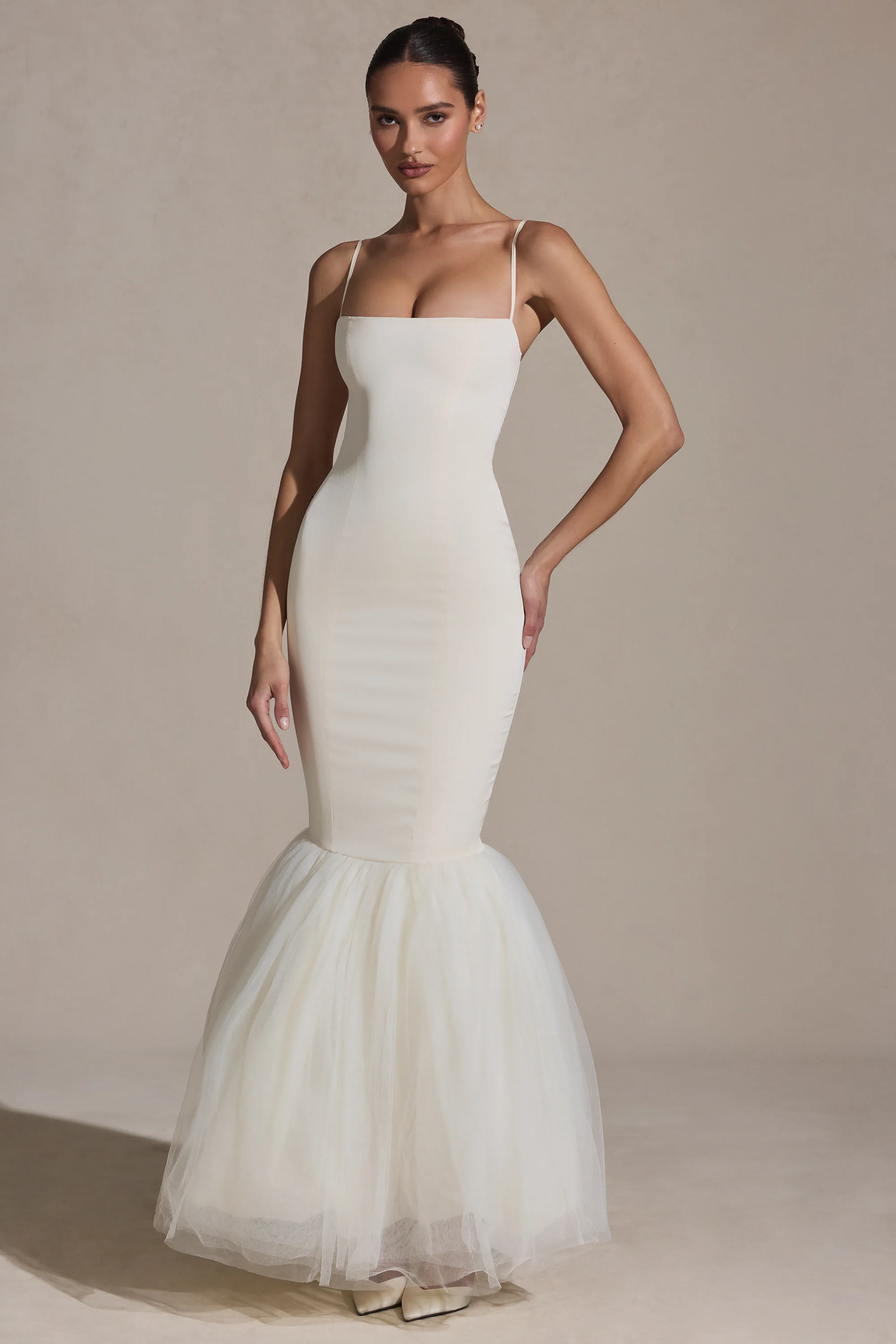 Tulle Hem Fishtail Gown in Ivory - Image 6