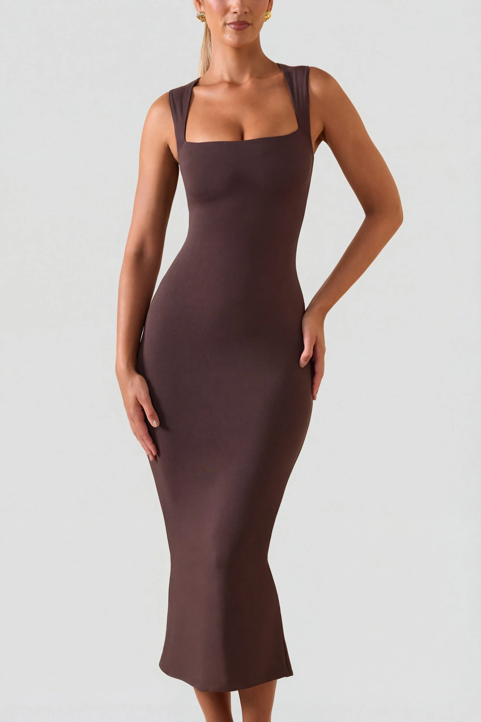 Square Neck Midi Dress in Chocolate Brown - Image 4