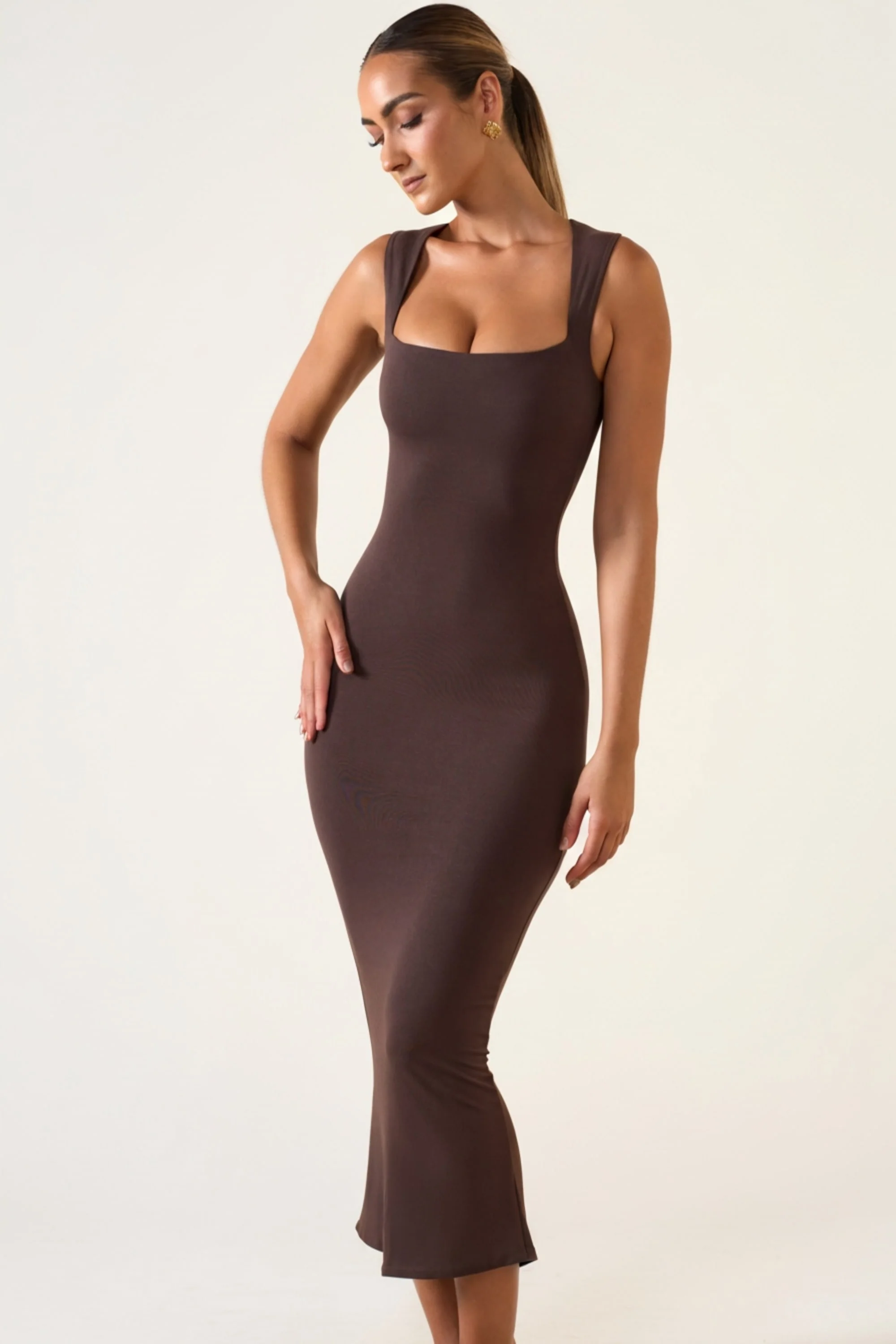 Square Neck Midi Dress in Chocolate Brown - Image 5
