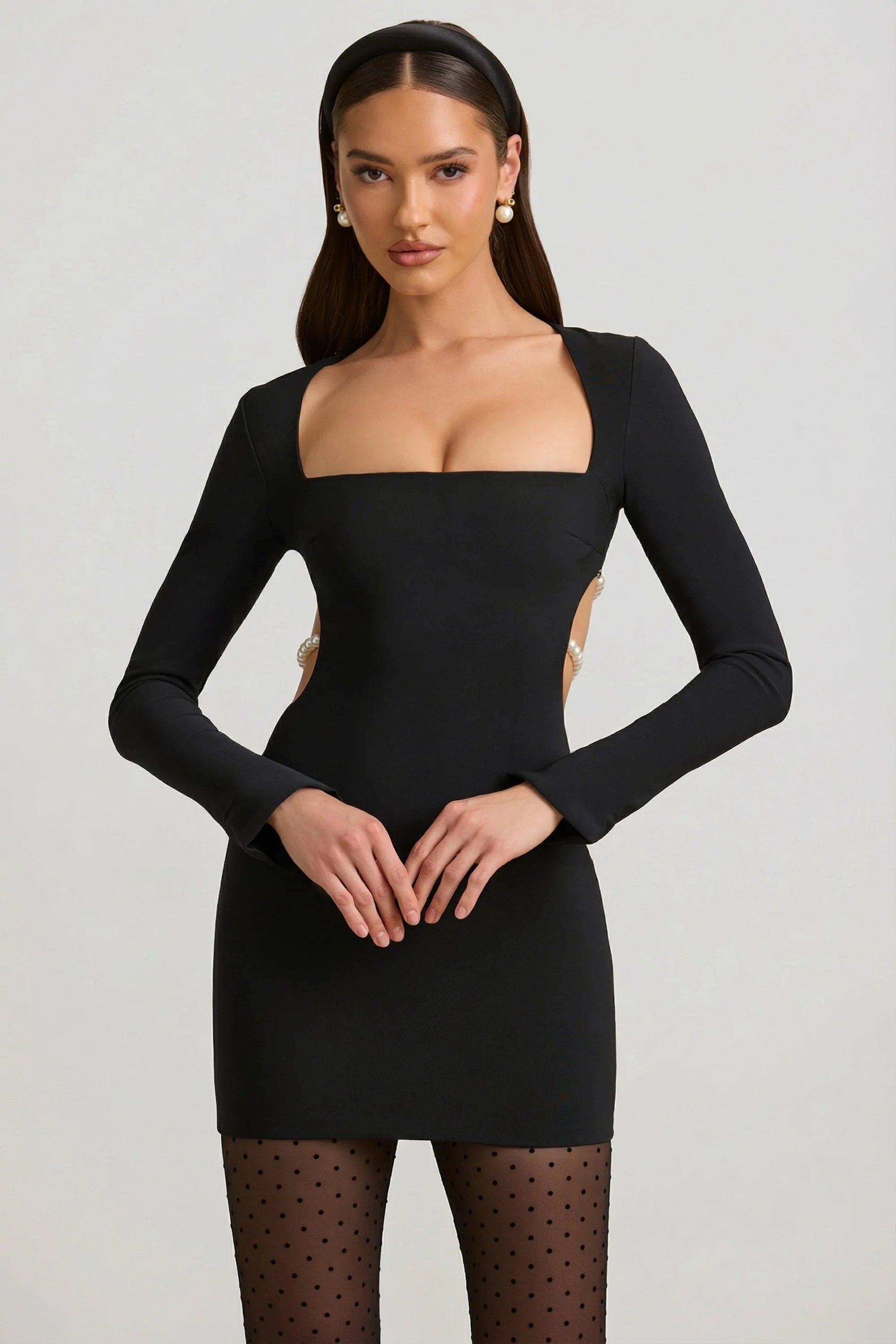 Pearl-Detail Cut-Out Mini Dress in Black - Image 7