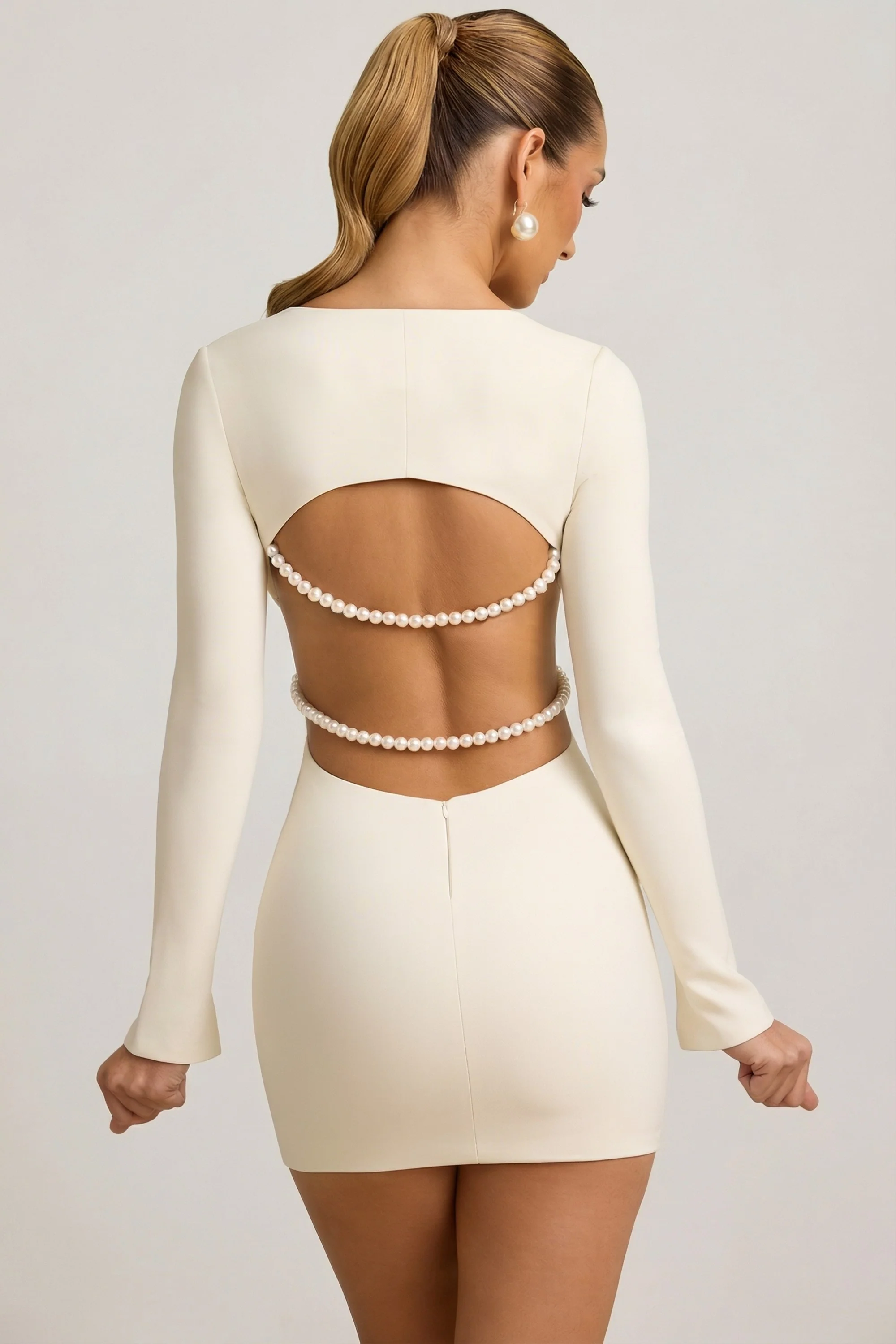 Pearl-Detail Cut-Out Mini Dress in Ivory - Image 2