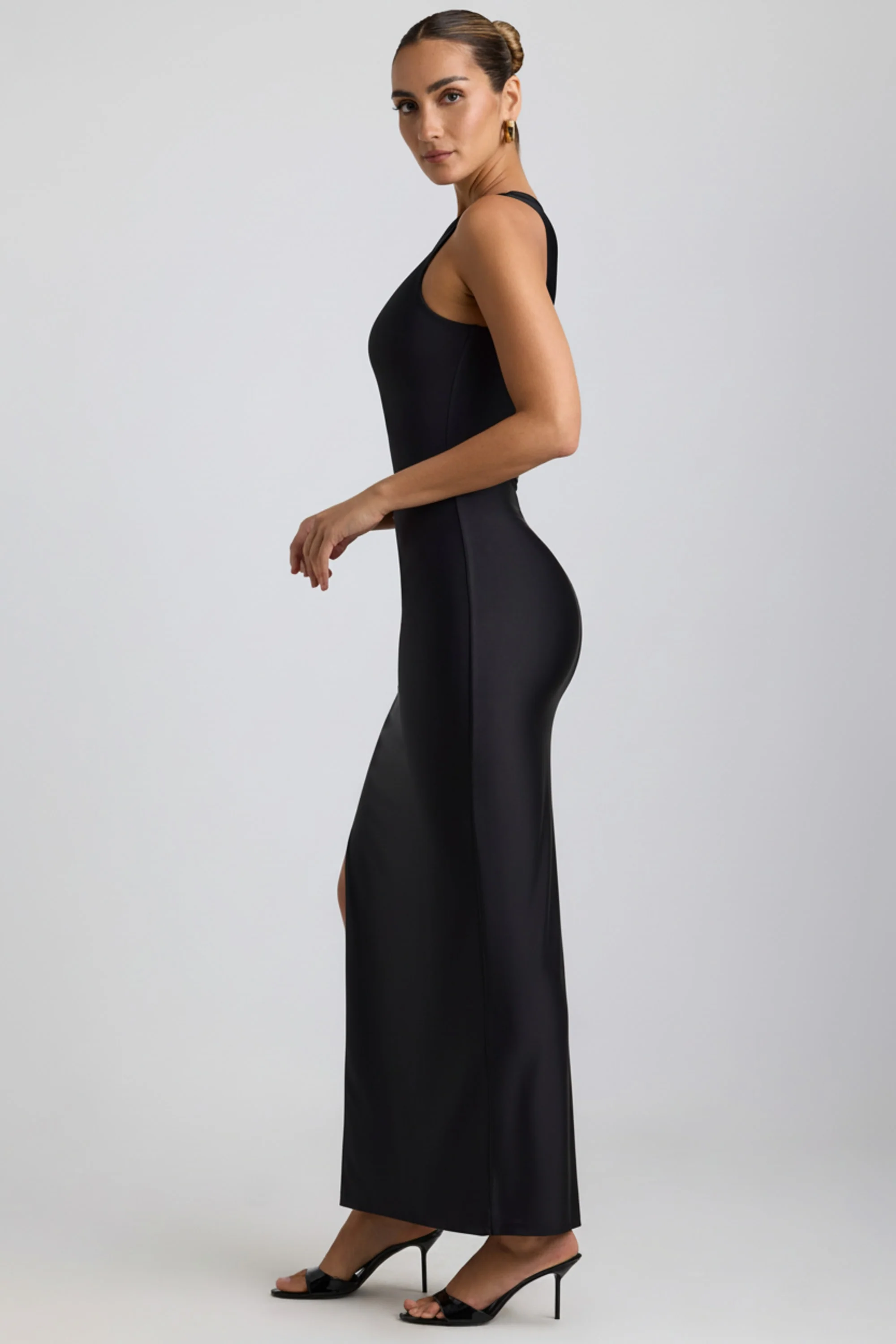 Ruched Asymmetric One-Shoulder Maxi Dress in Black - Image 6