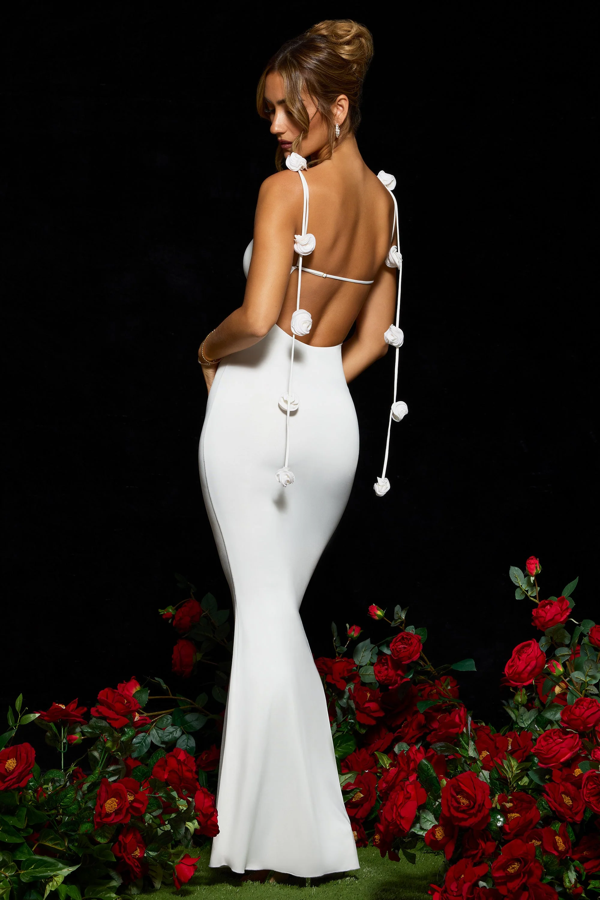 Slinky Jersey Rose Detail Evening Gown in White - Image 9