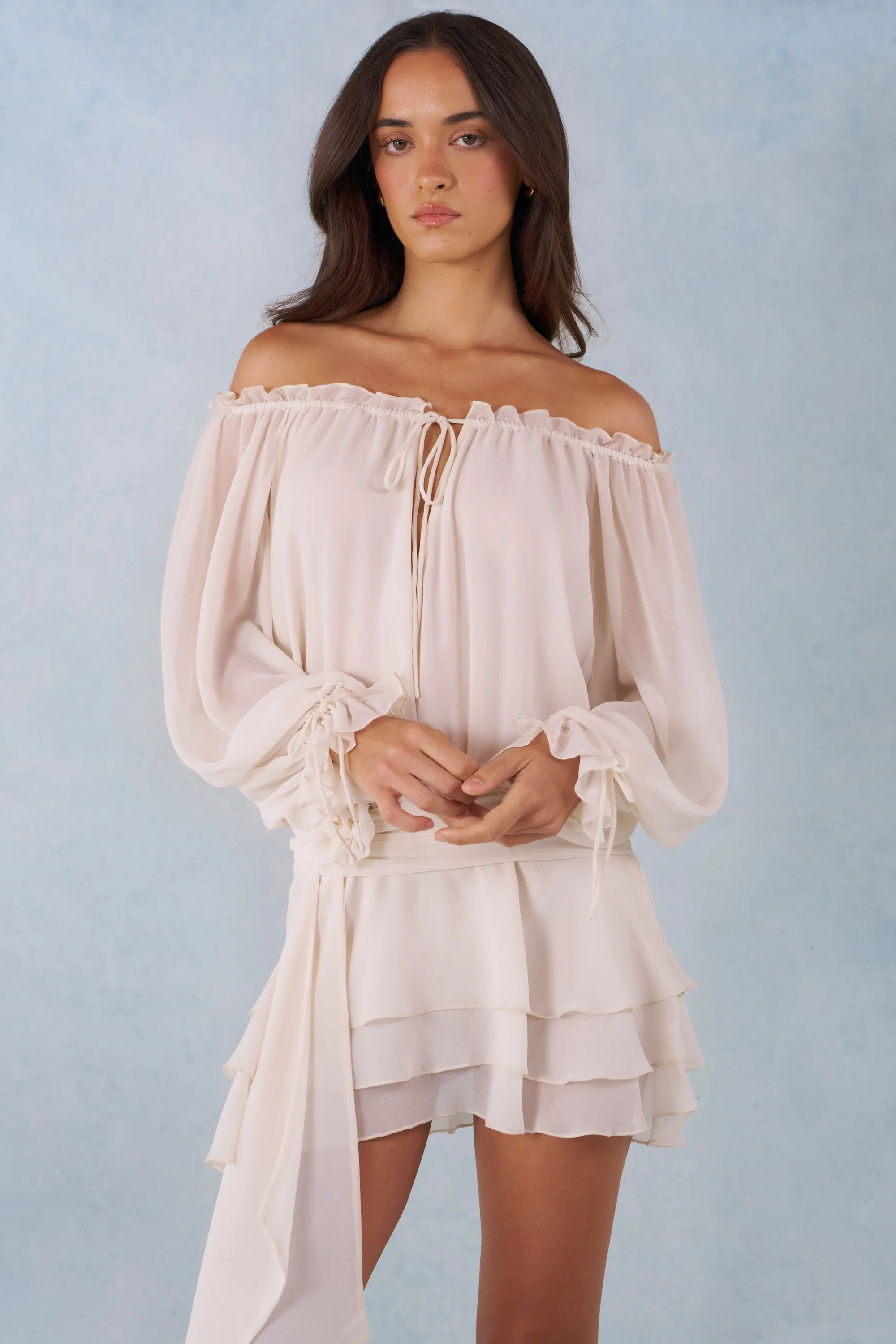 Off-Shoulder Balloon-Sleeve Mini Dress in Ivory - Image 8