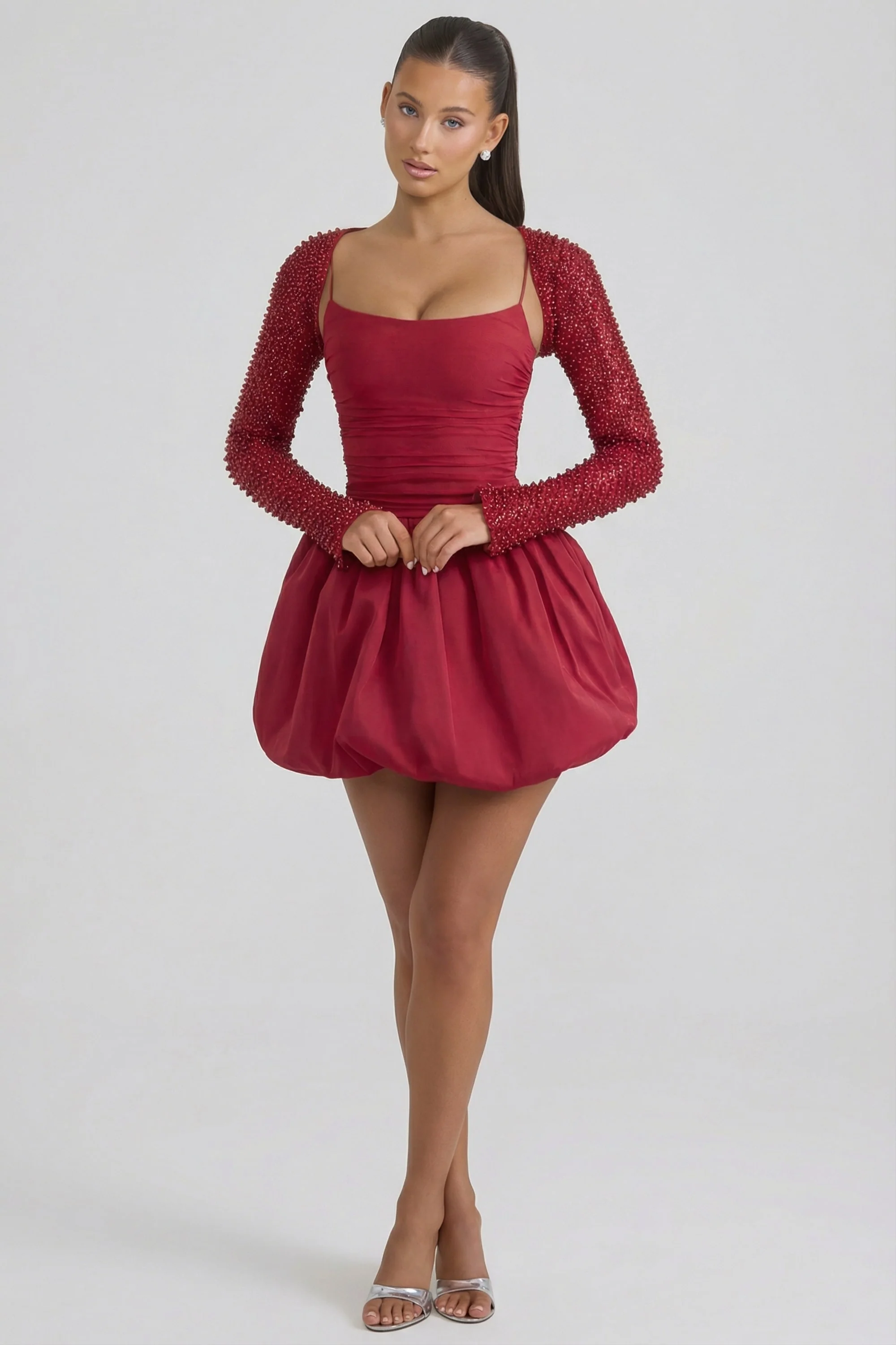 Embellished Bubble Hem Mini Dress in Red - Image 4