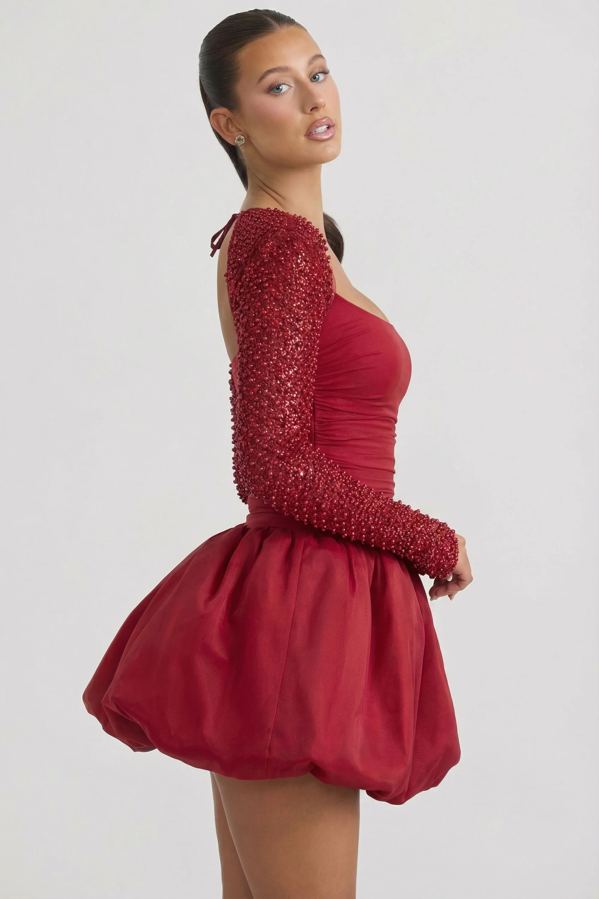 Embellished Bubble Hem Mini Dress in Red - Image 5