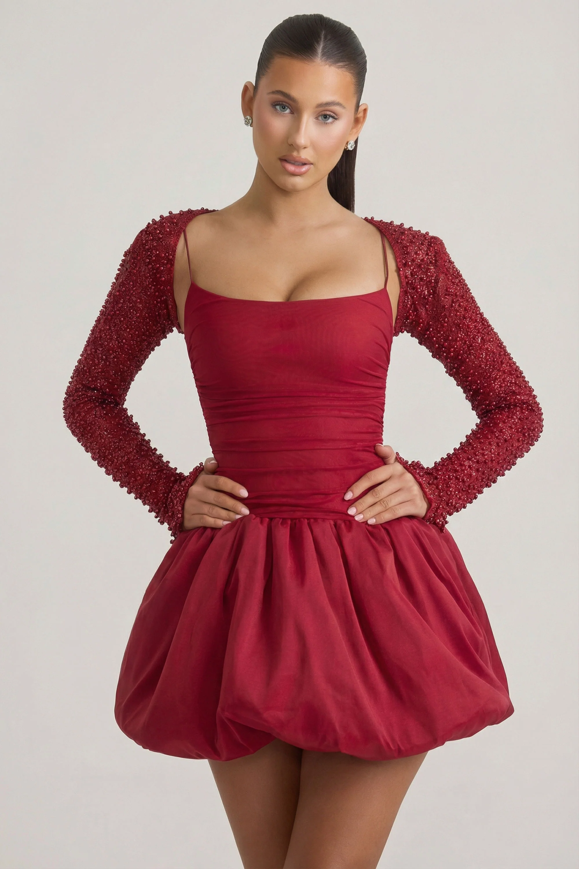 Embellished Bubble Hem Mini Dress in Red - Image 7