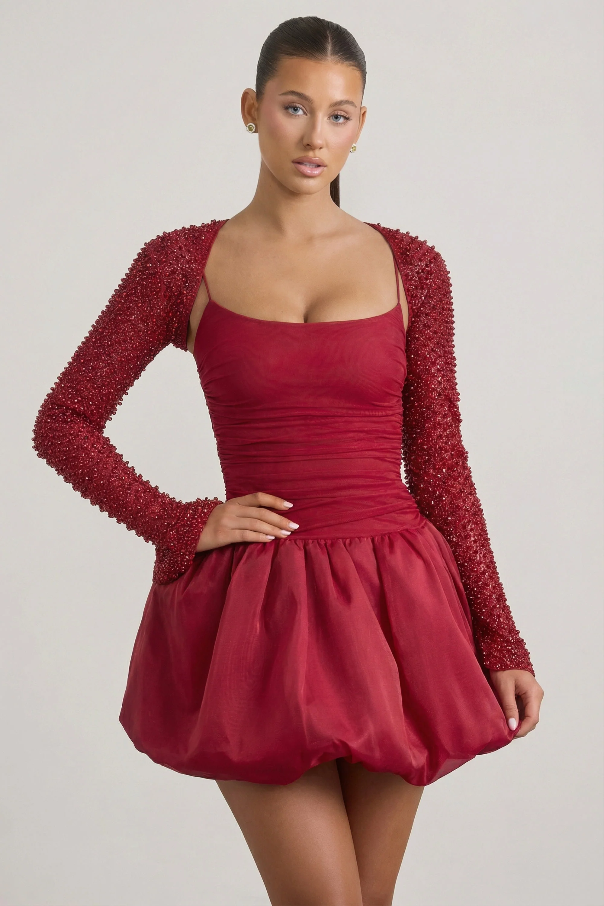 Embellished Bubble Hem Mini Dress in Red - Image 9