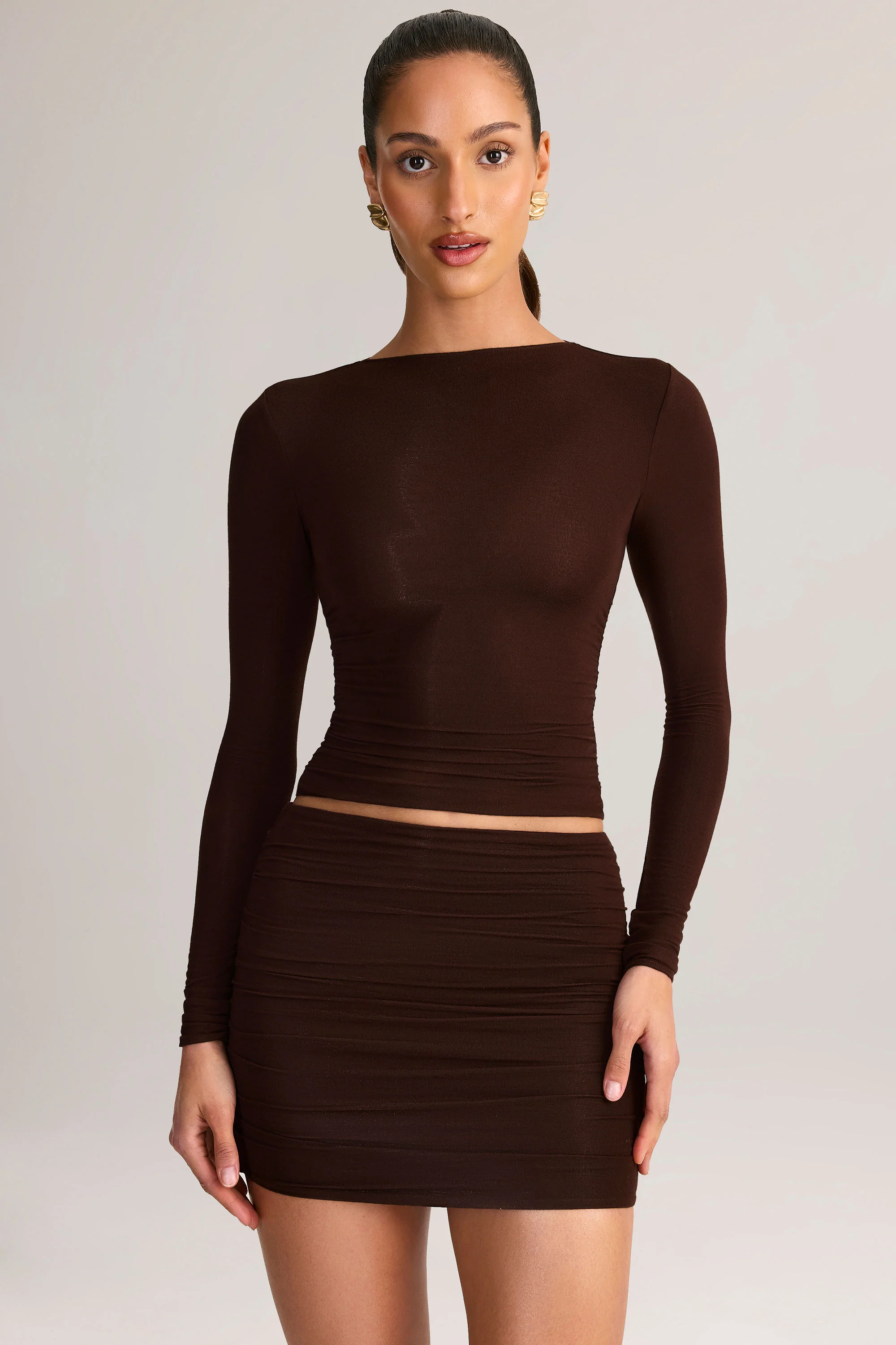 Modal Ruched Long-Sleeve Top in Chocolate Brown - Image 5