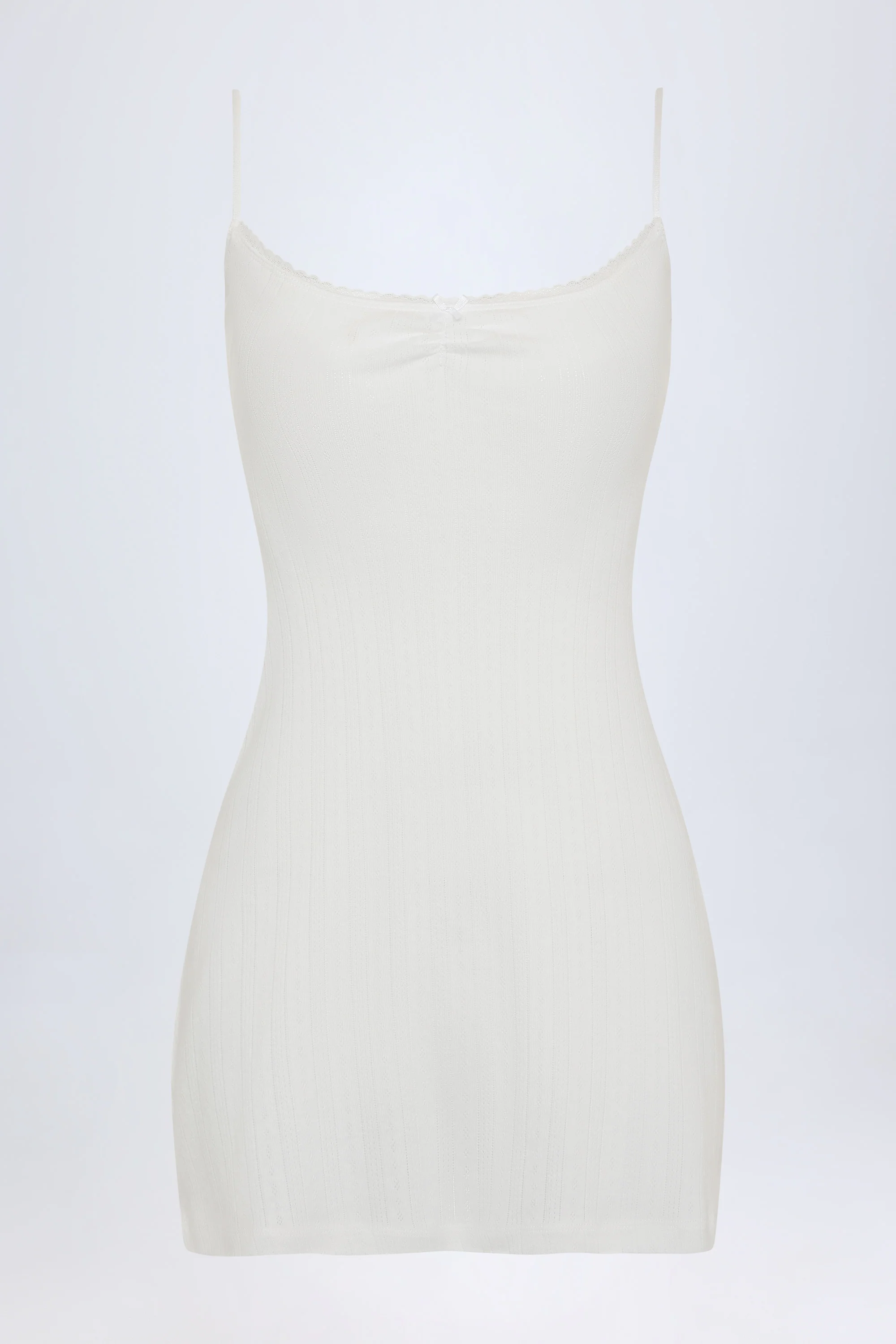 Pointelle Ruched A-Line Mini Dress in White - Image 3