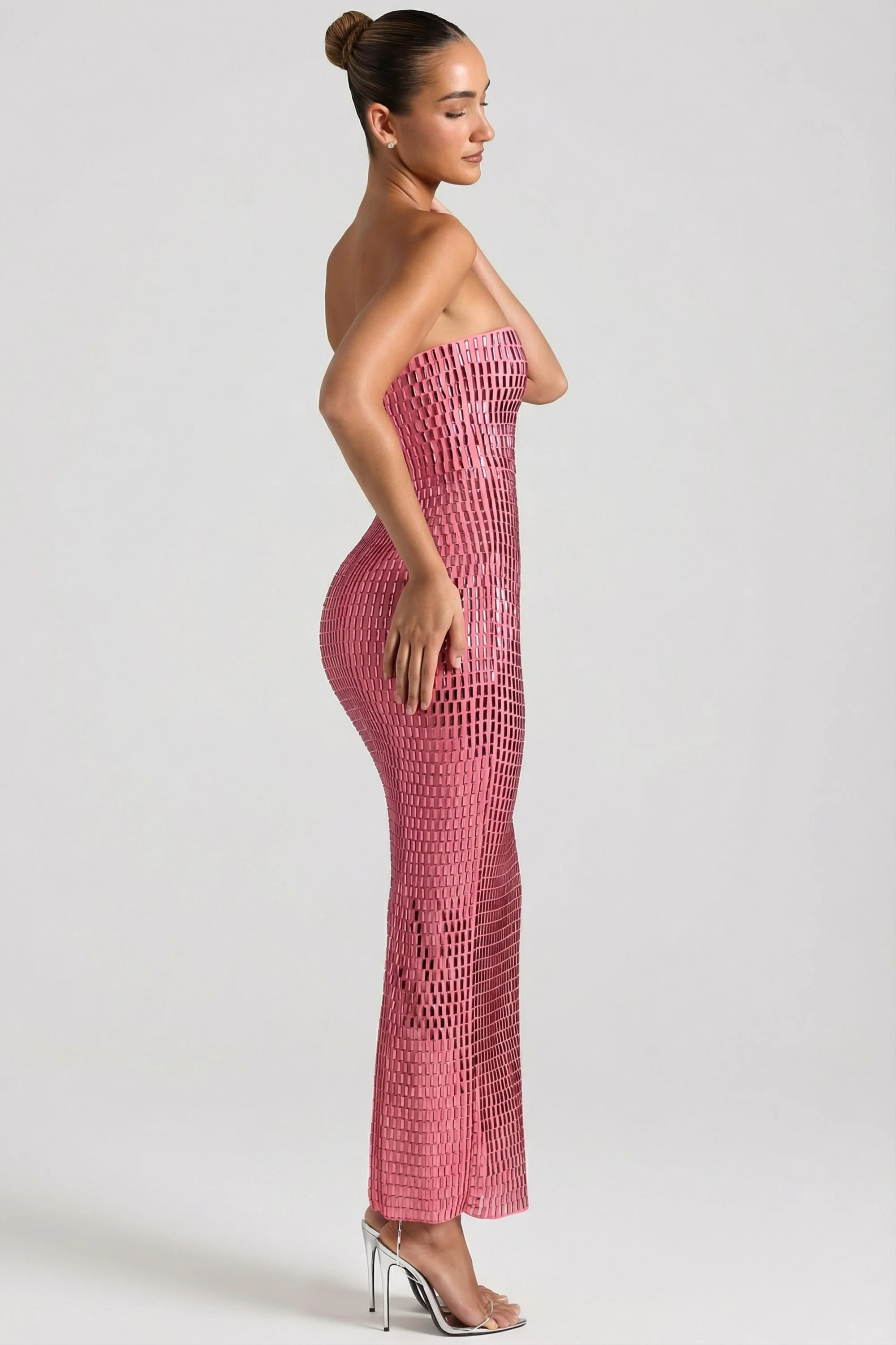 Embellished Strapless Bandeau Maxi Dress in Watermelon - Image 4