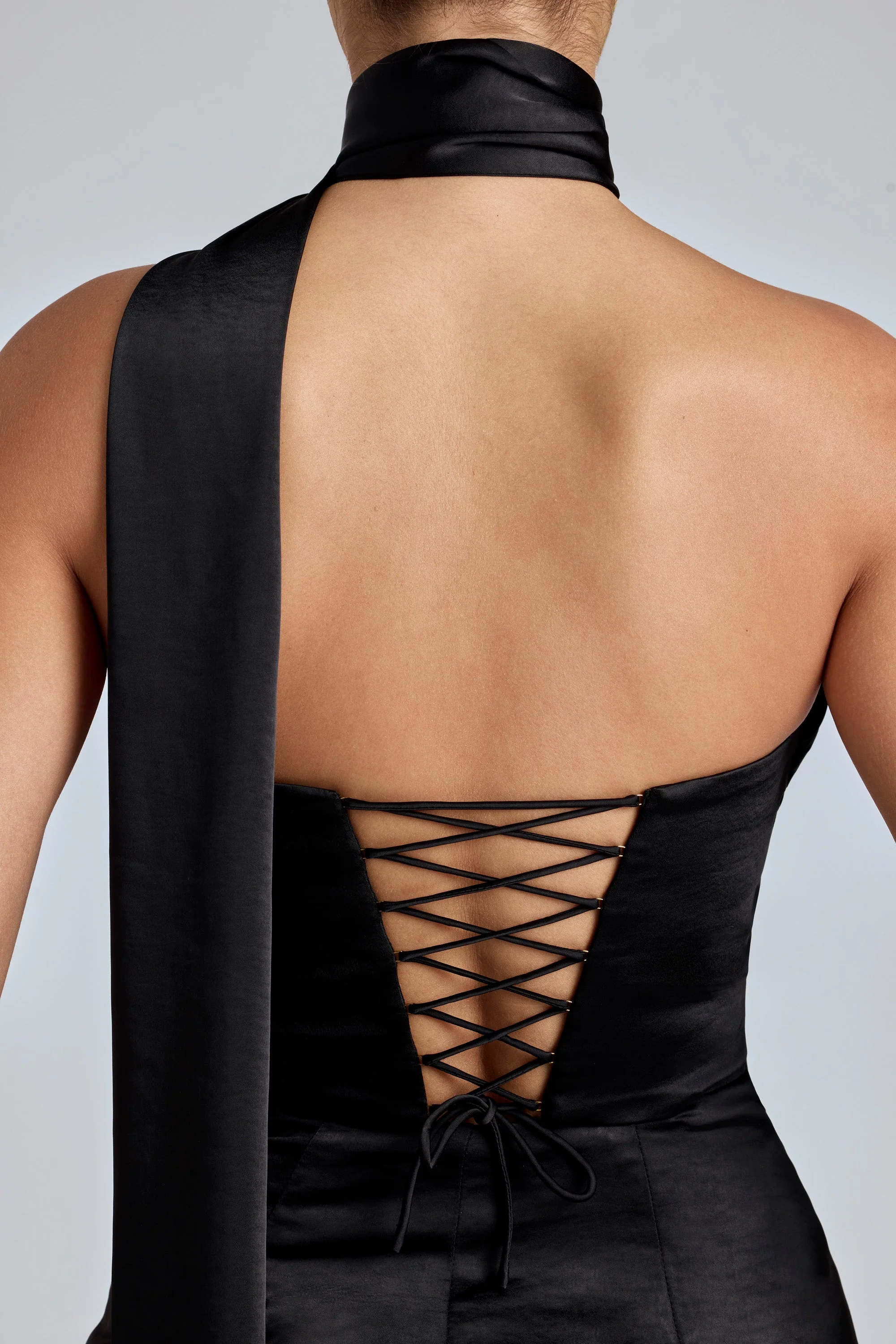 Draped Halterneck Satin Mini Dress in Black - Image 6