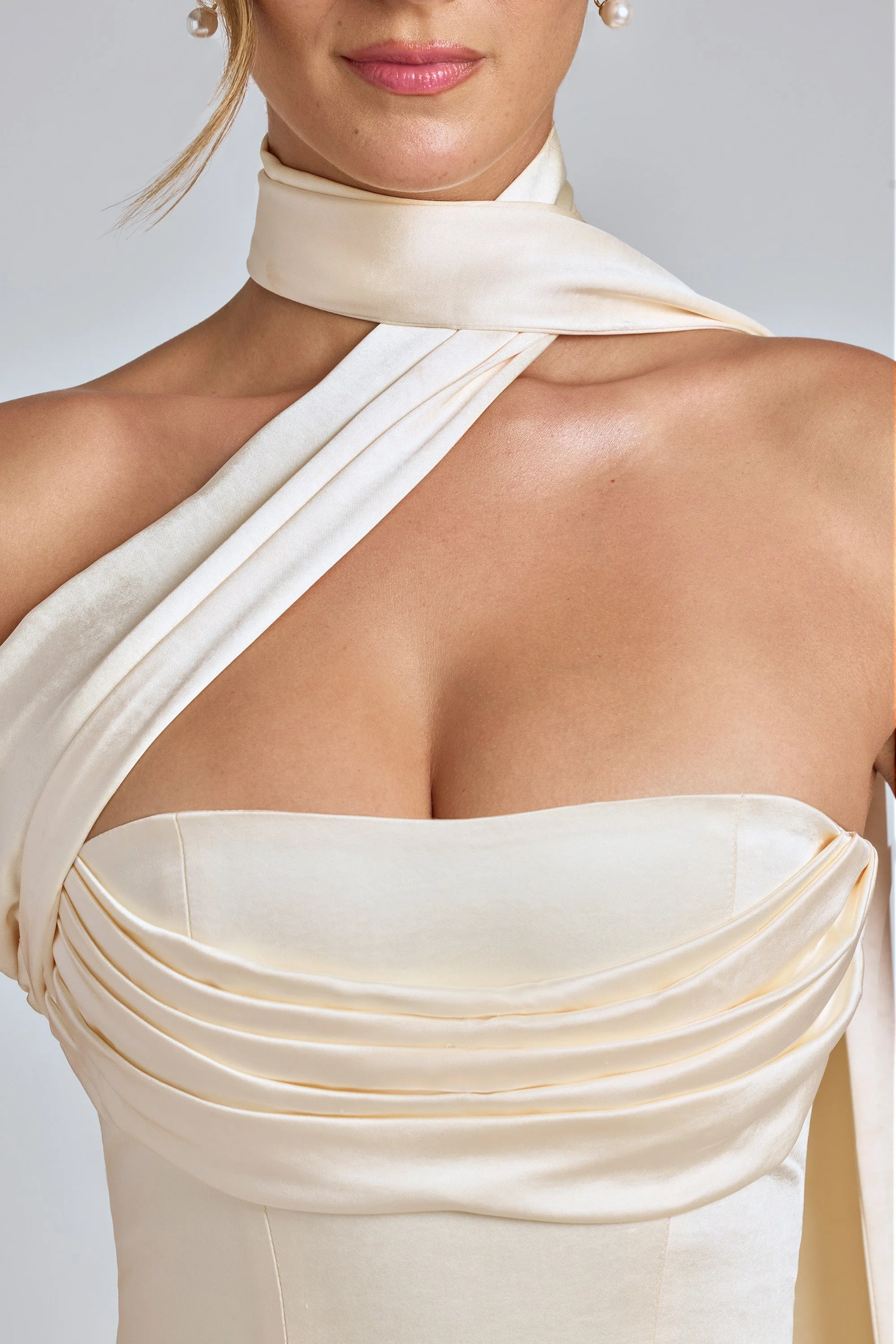 Draped Halterneck Satin Mini Dress in Ivory - Image 5