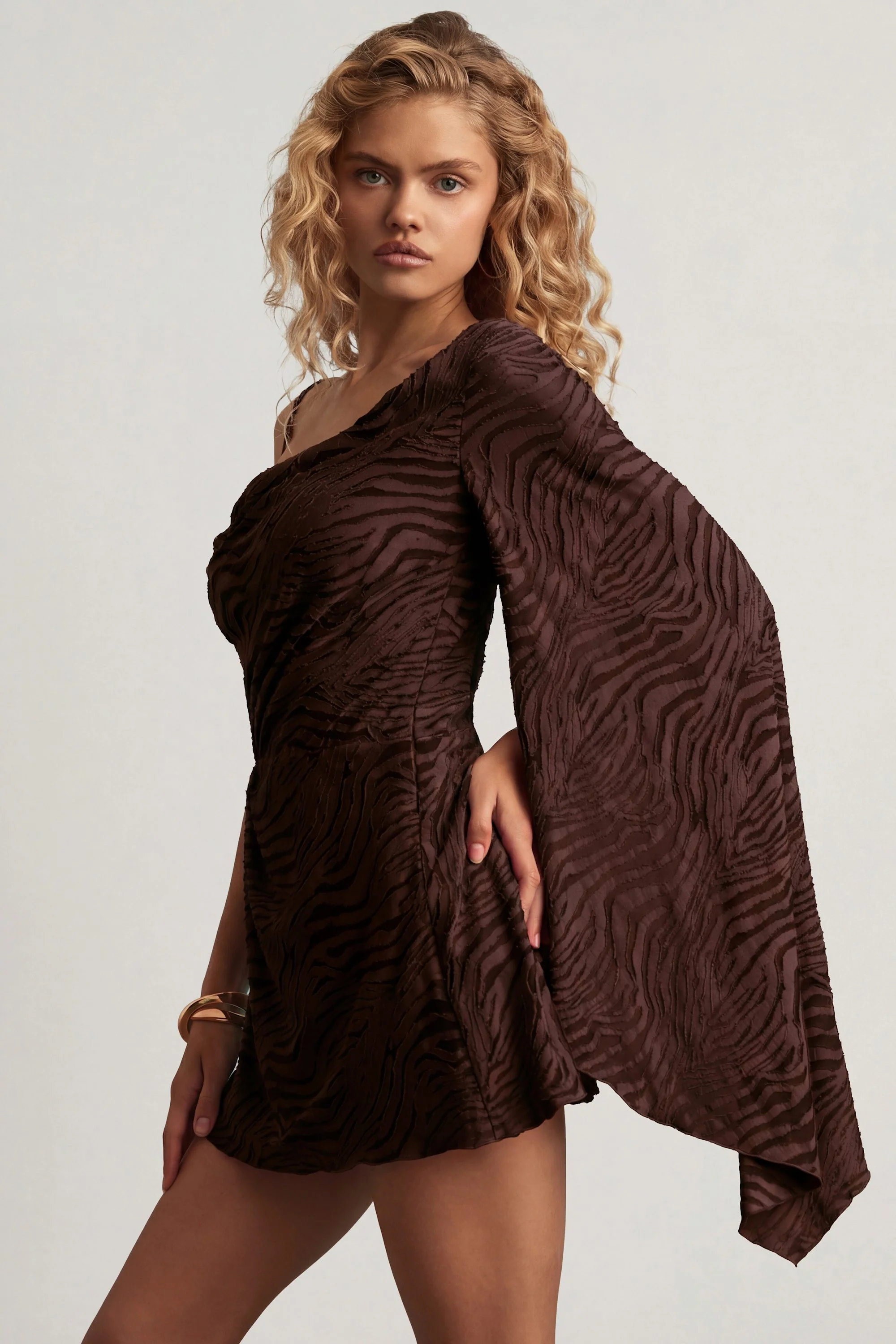 Devoré One-Sleeve A-Line Mini Dress in Dark Chocolate - Image 8