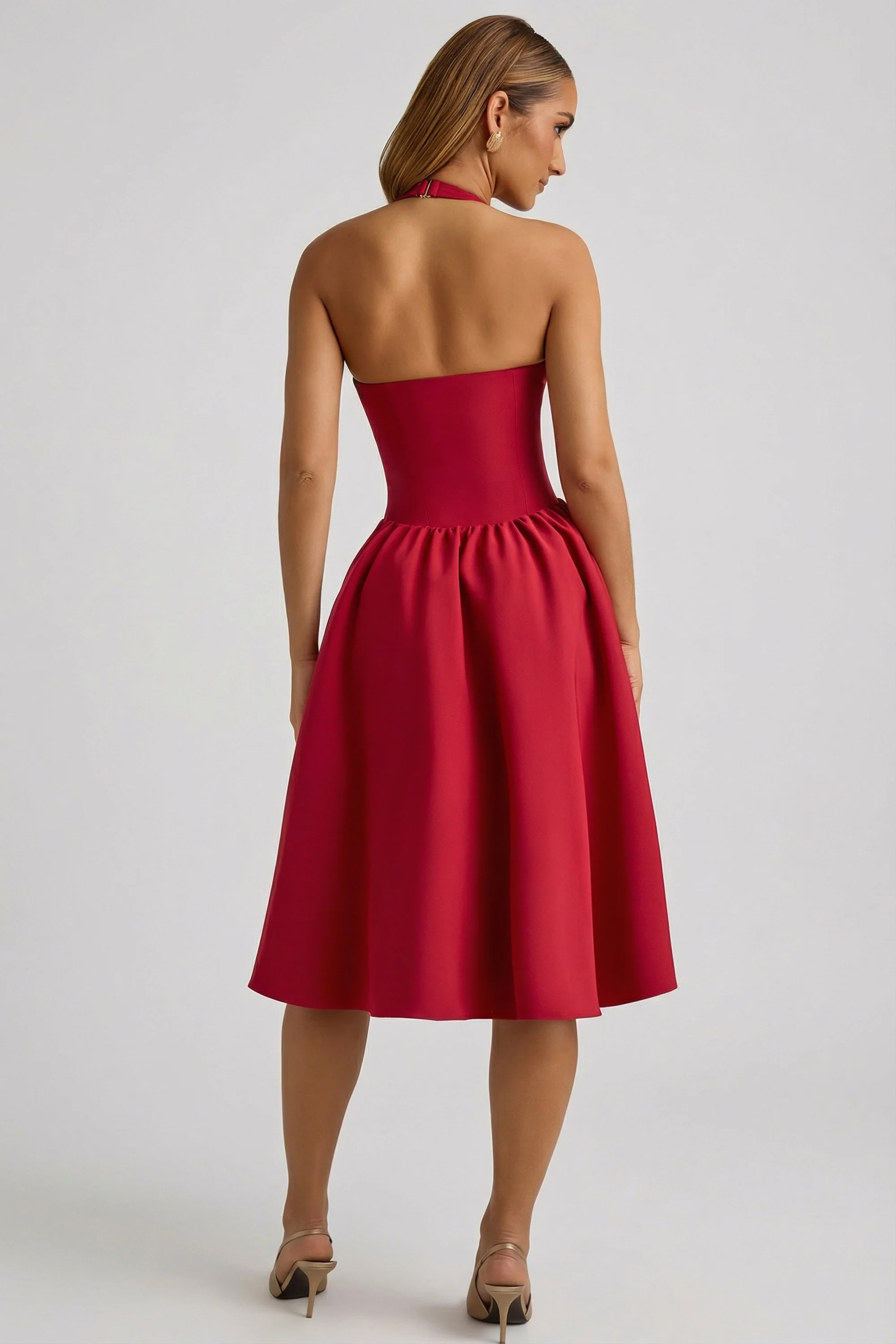 Halterneck Bow-Detail Midi Dress in True Red - Image 2