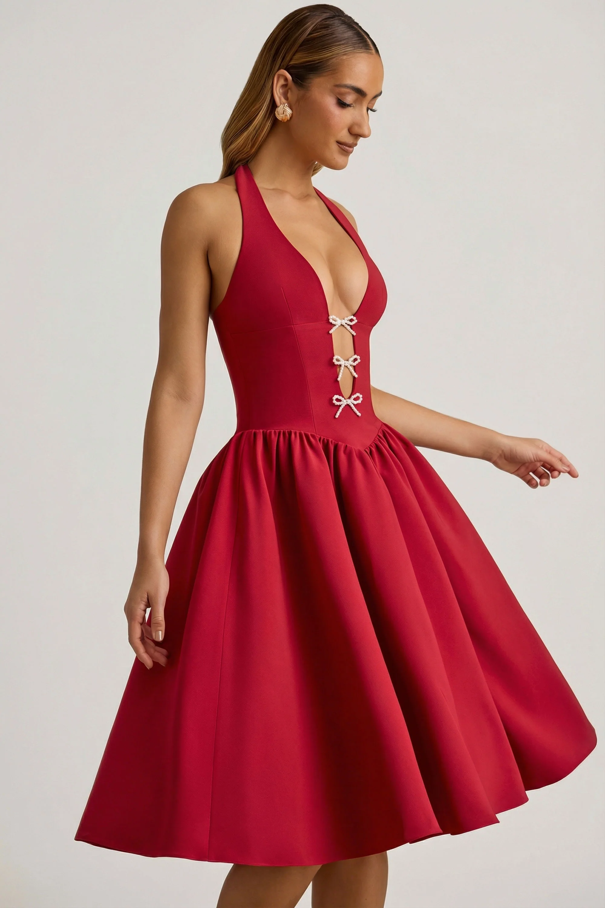 Halterneck Bow-Detail Midi Dress in True Red - Image 5