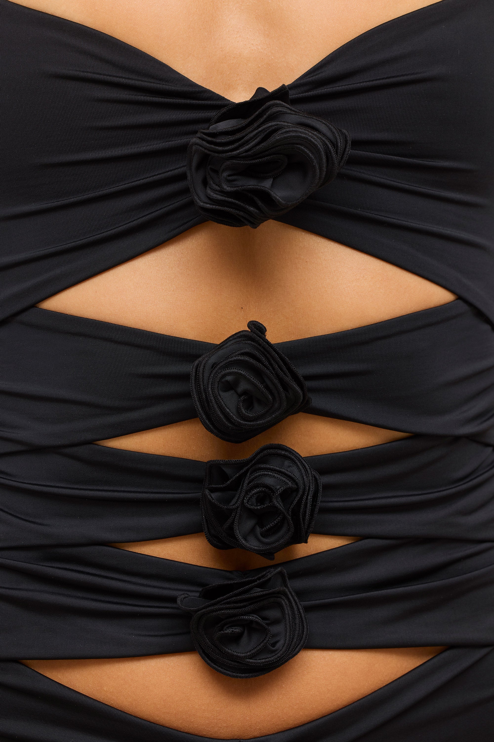 Slinky Jersey Rose Detail Cut Out Mini Dress in Black - Image 4