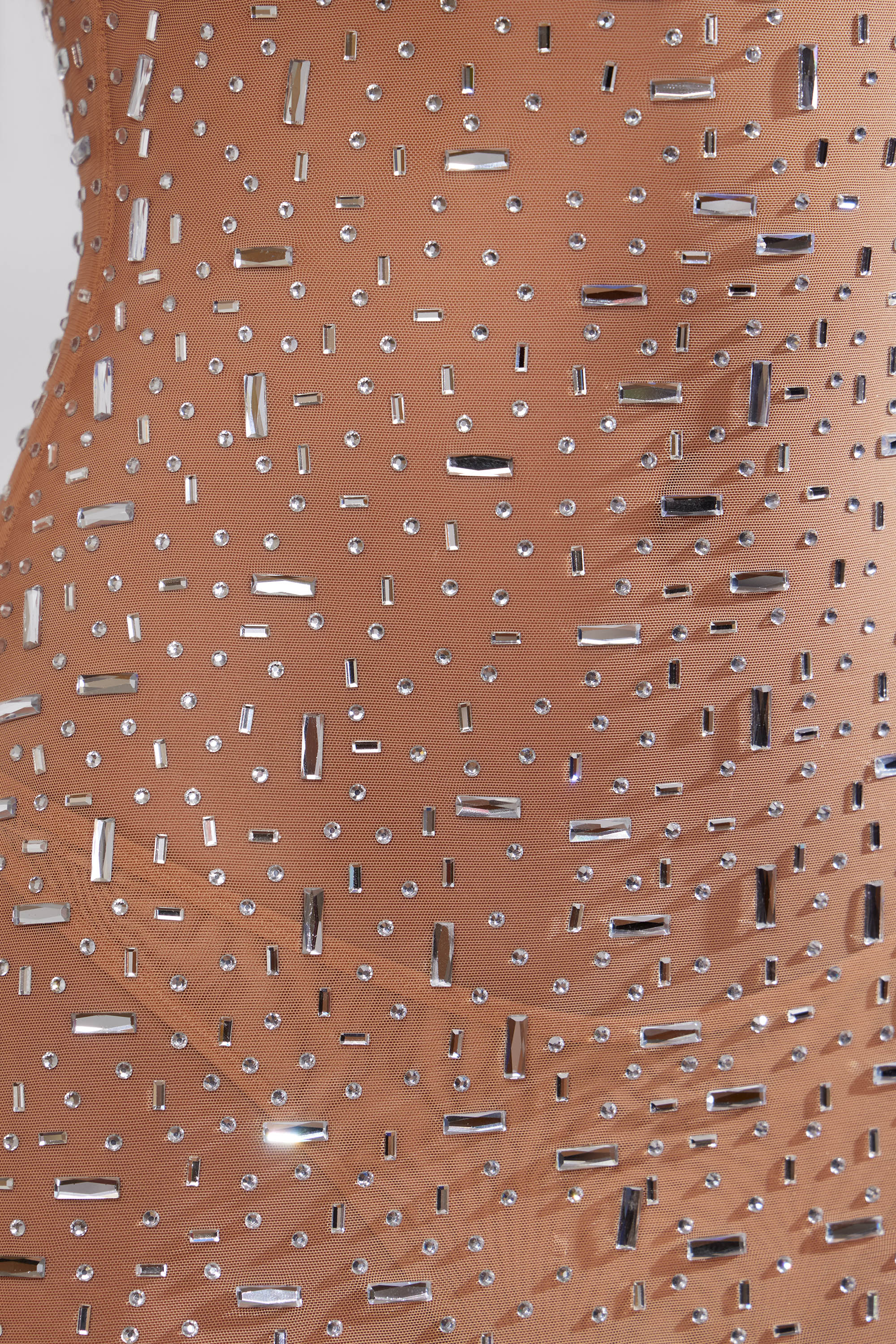 Sheer Embellished Scoop Neck Evening Gown in Almond - Image 4
