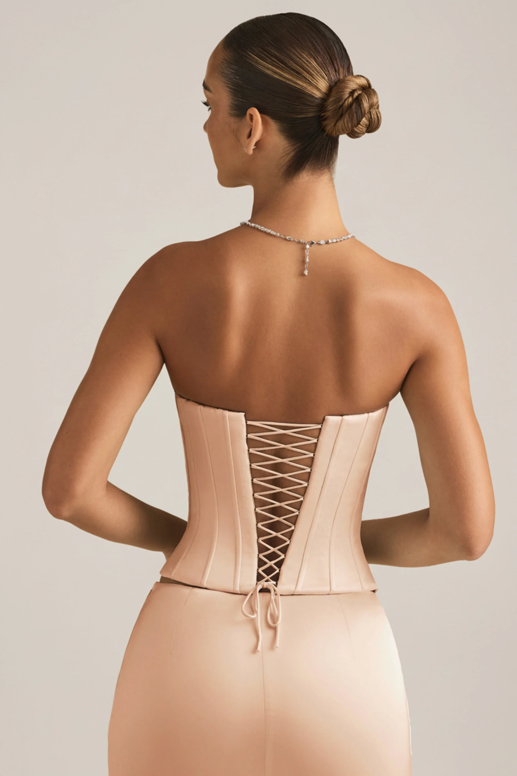 Satin Lace-Up Corset Top in Beige Gold - Image 7