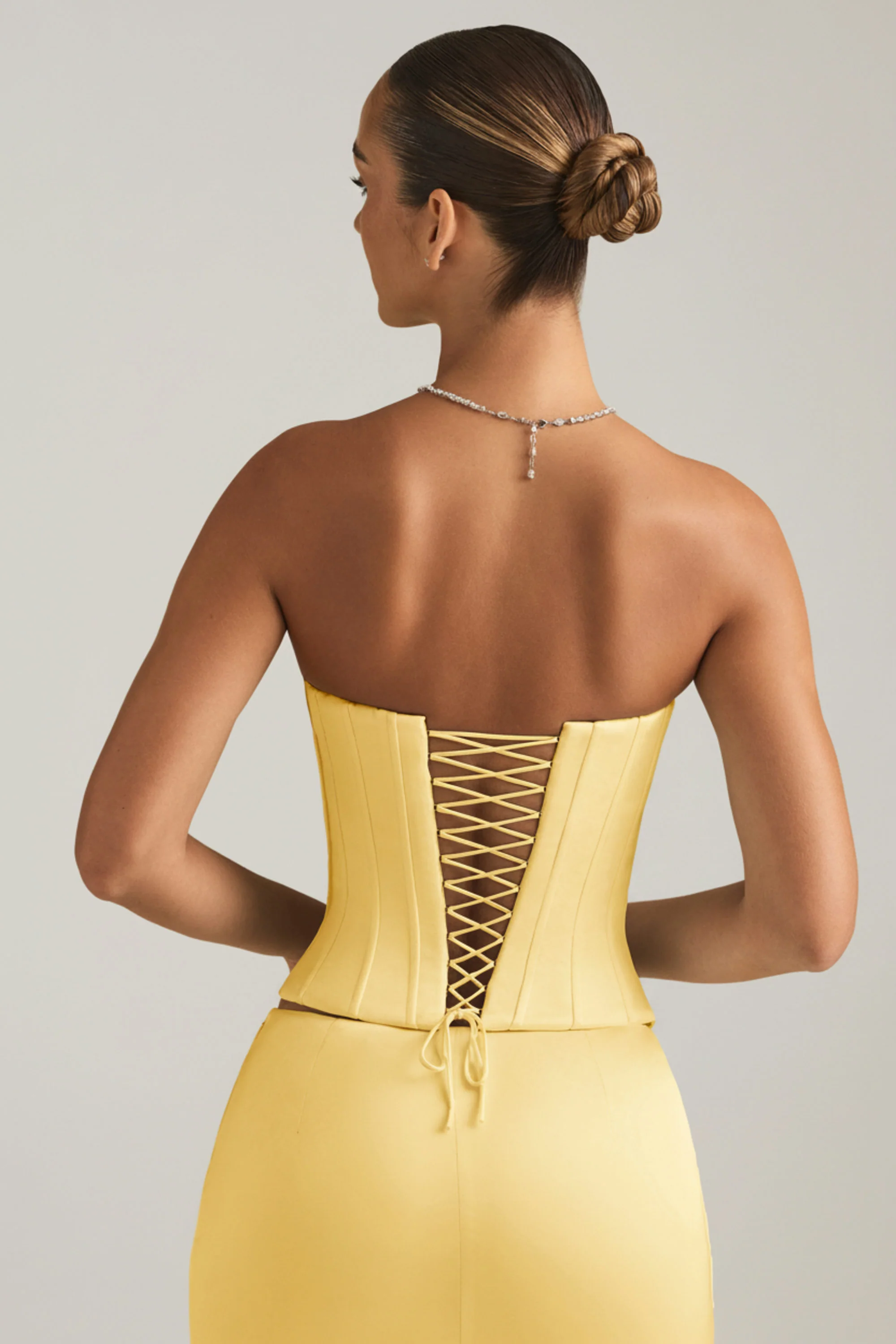 Satin Lace-Up Corset Top in Pastel Yellow - Image 6