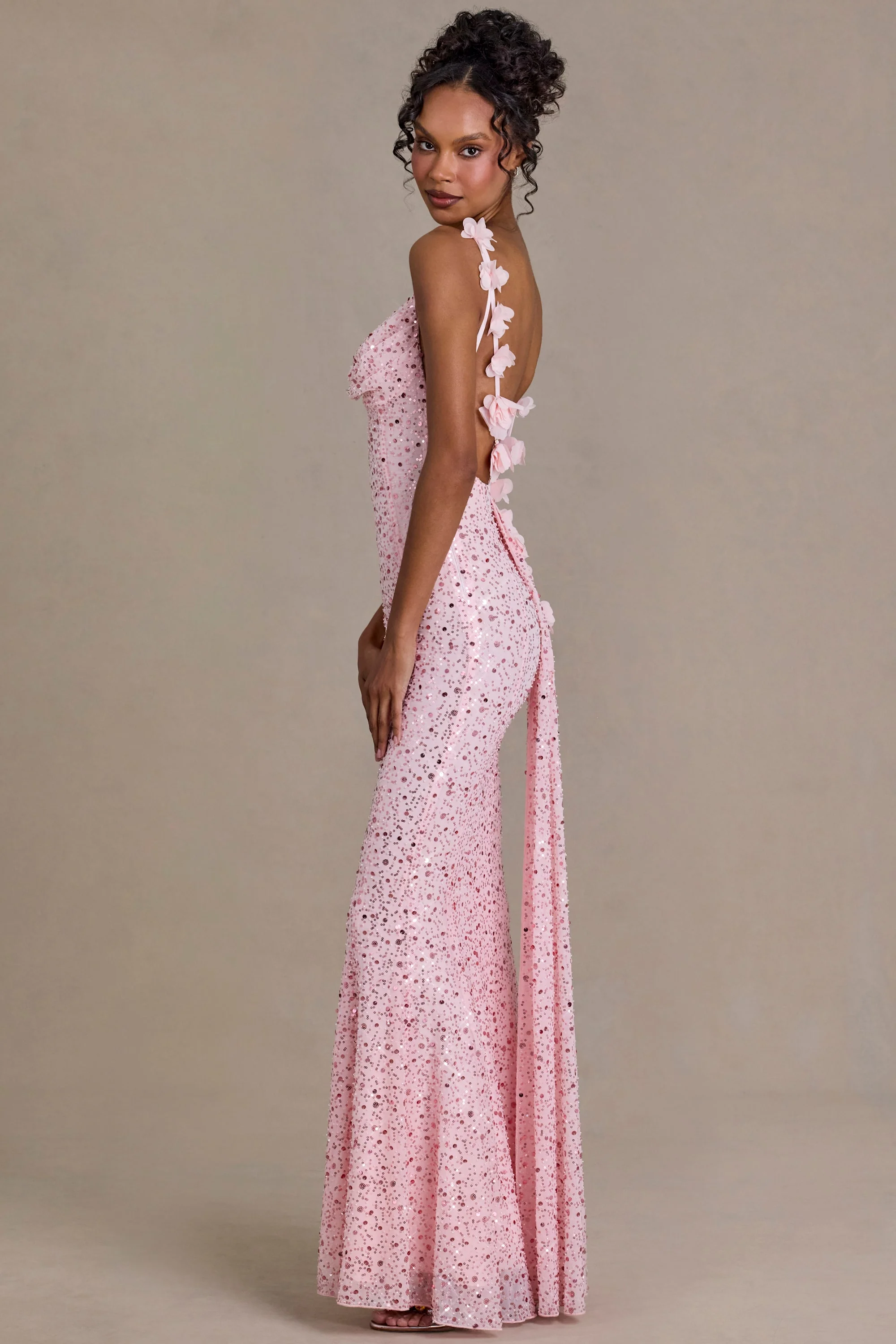 Embellished Open-Back Maxi Dress in Baby Pink - Image 3