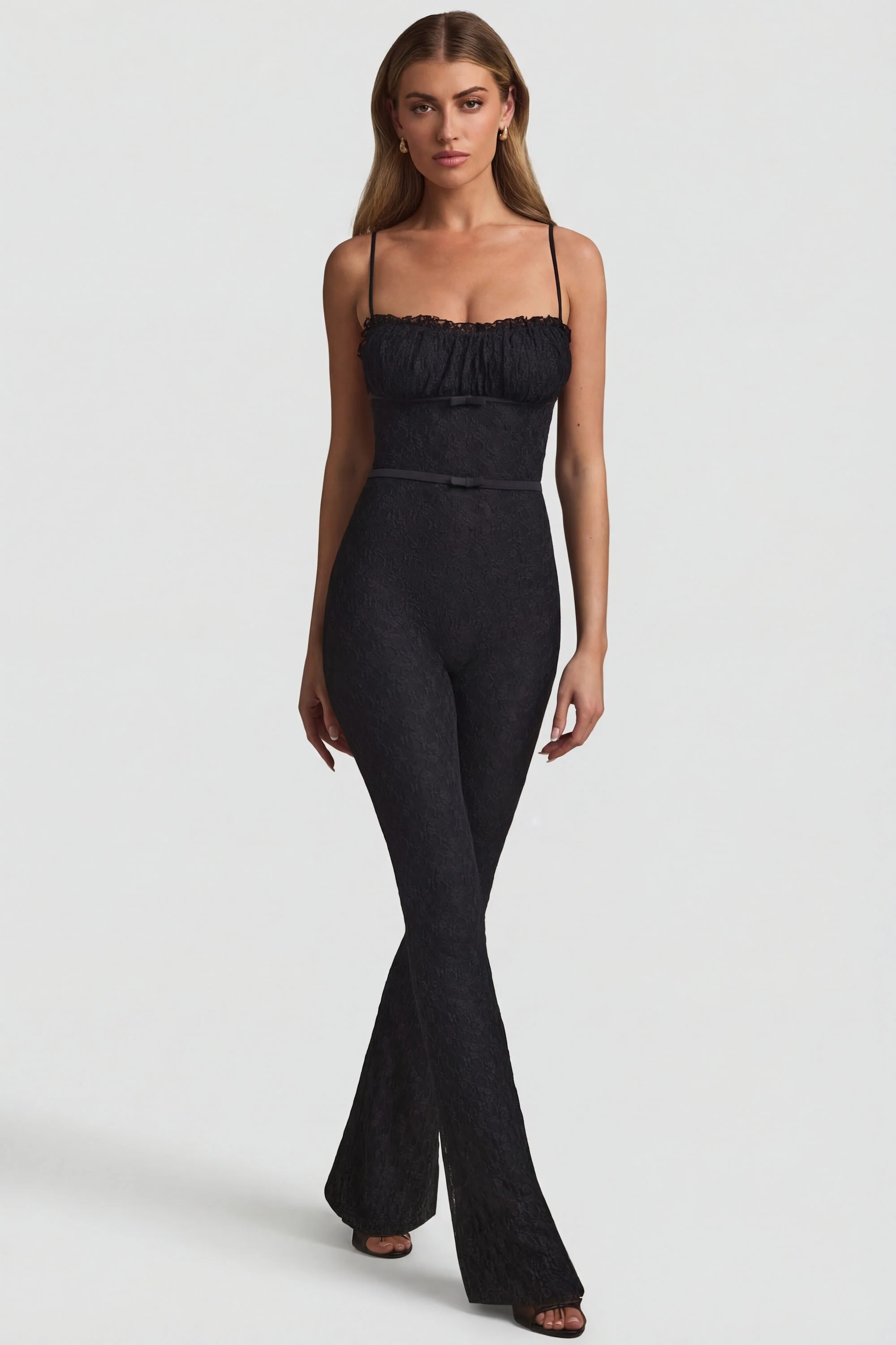 Bow-Detail Lace Flared Jumpsuit in Black - Image 7
