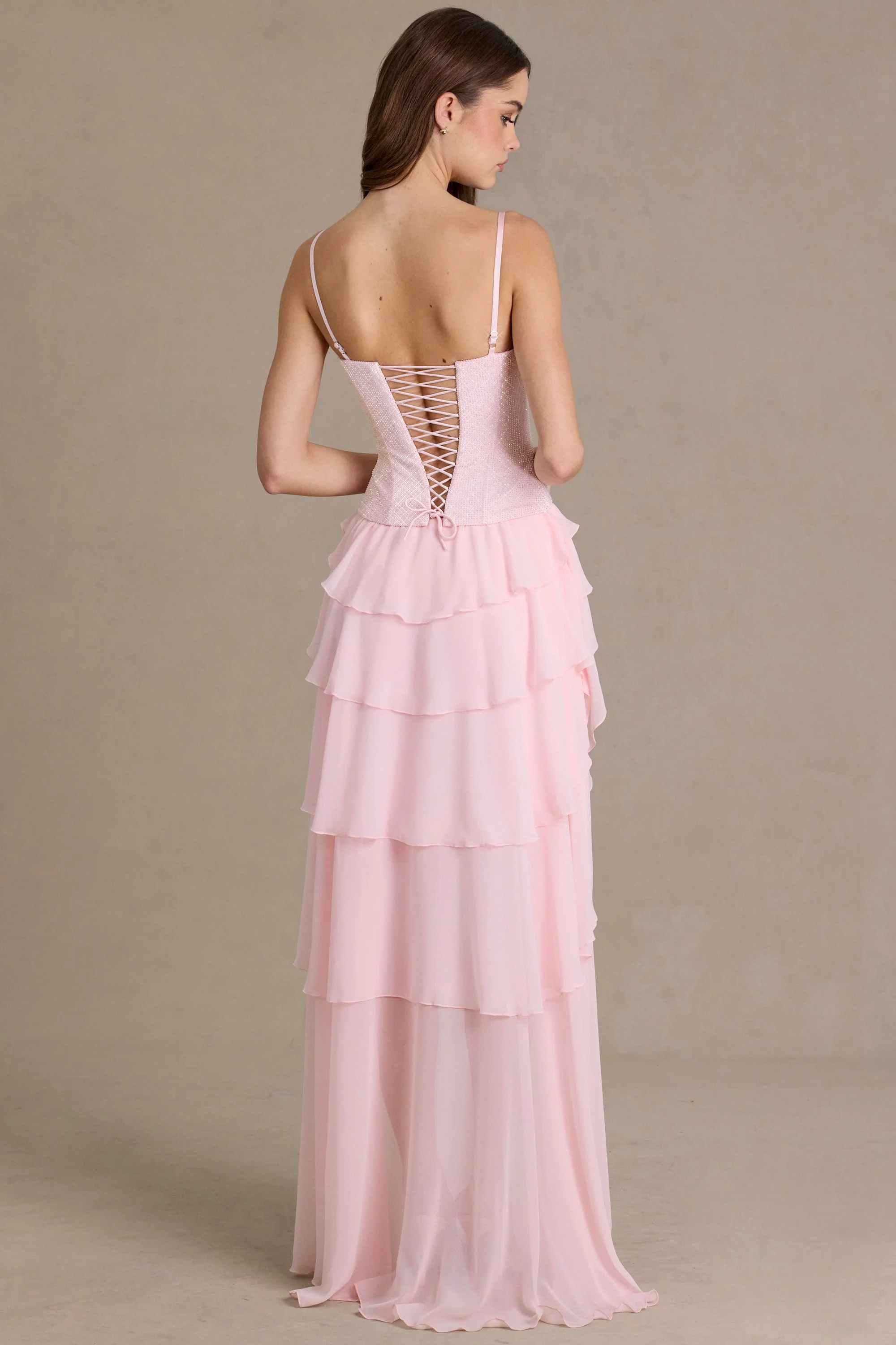 Embellished Cowl-Neck Corset Gown in Baby Pink - Image 2