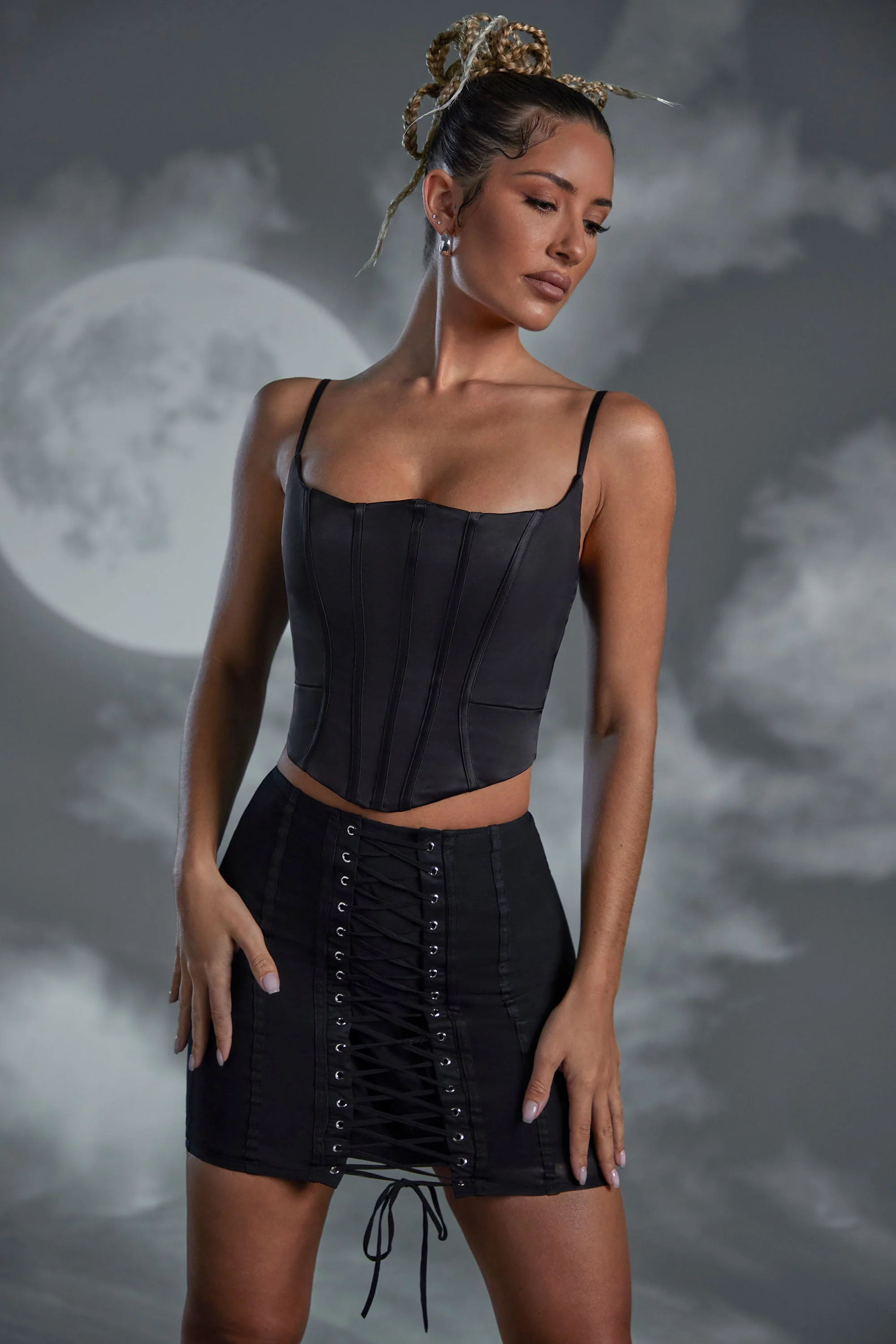 Lace Up Mini Skirt in Black - Image 4