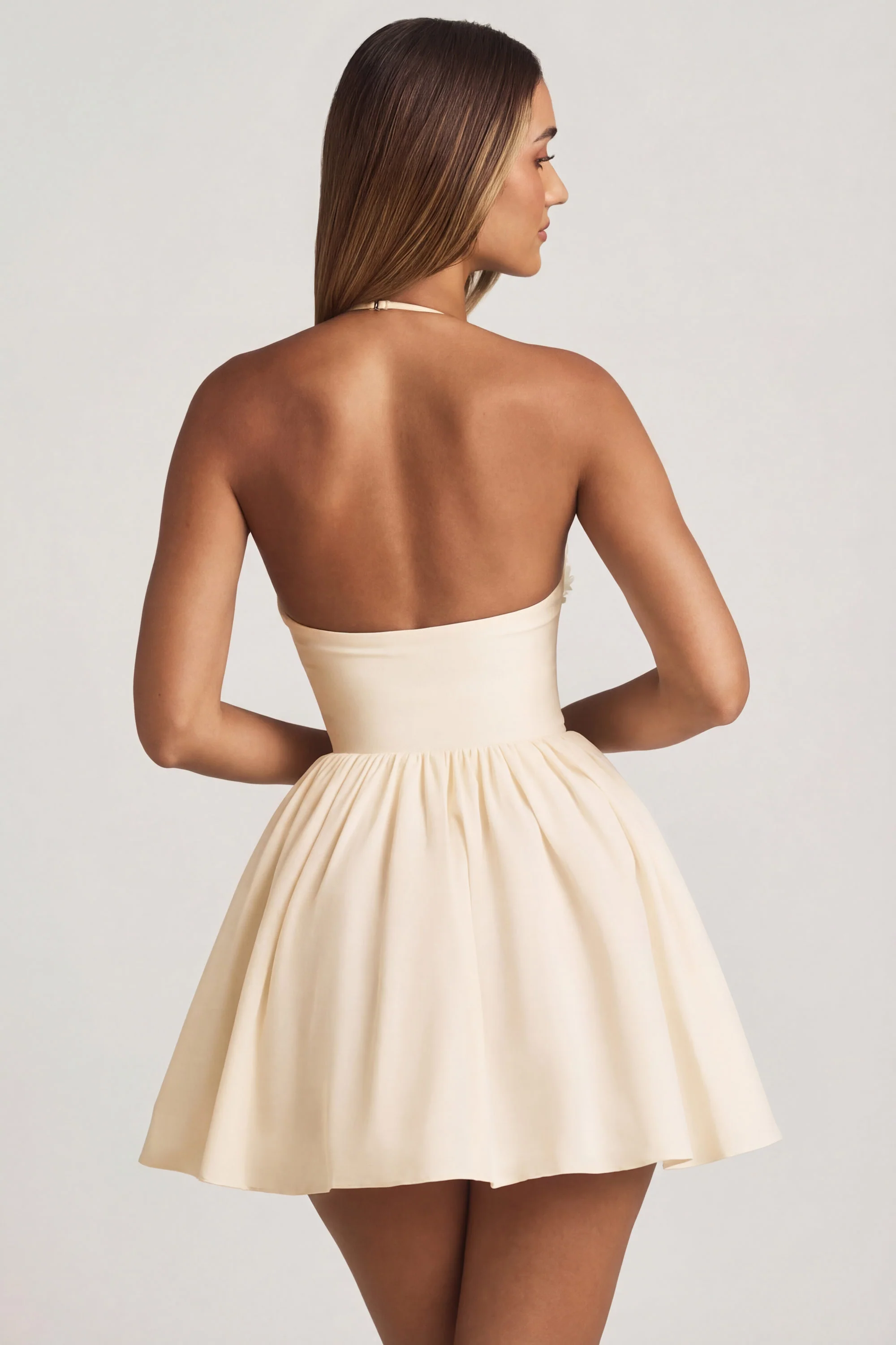 Halterneck Floral-Appliqué Corset Mini Dress in Ivory - Image 2