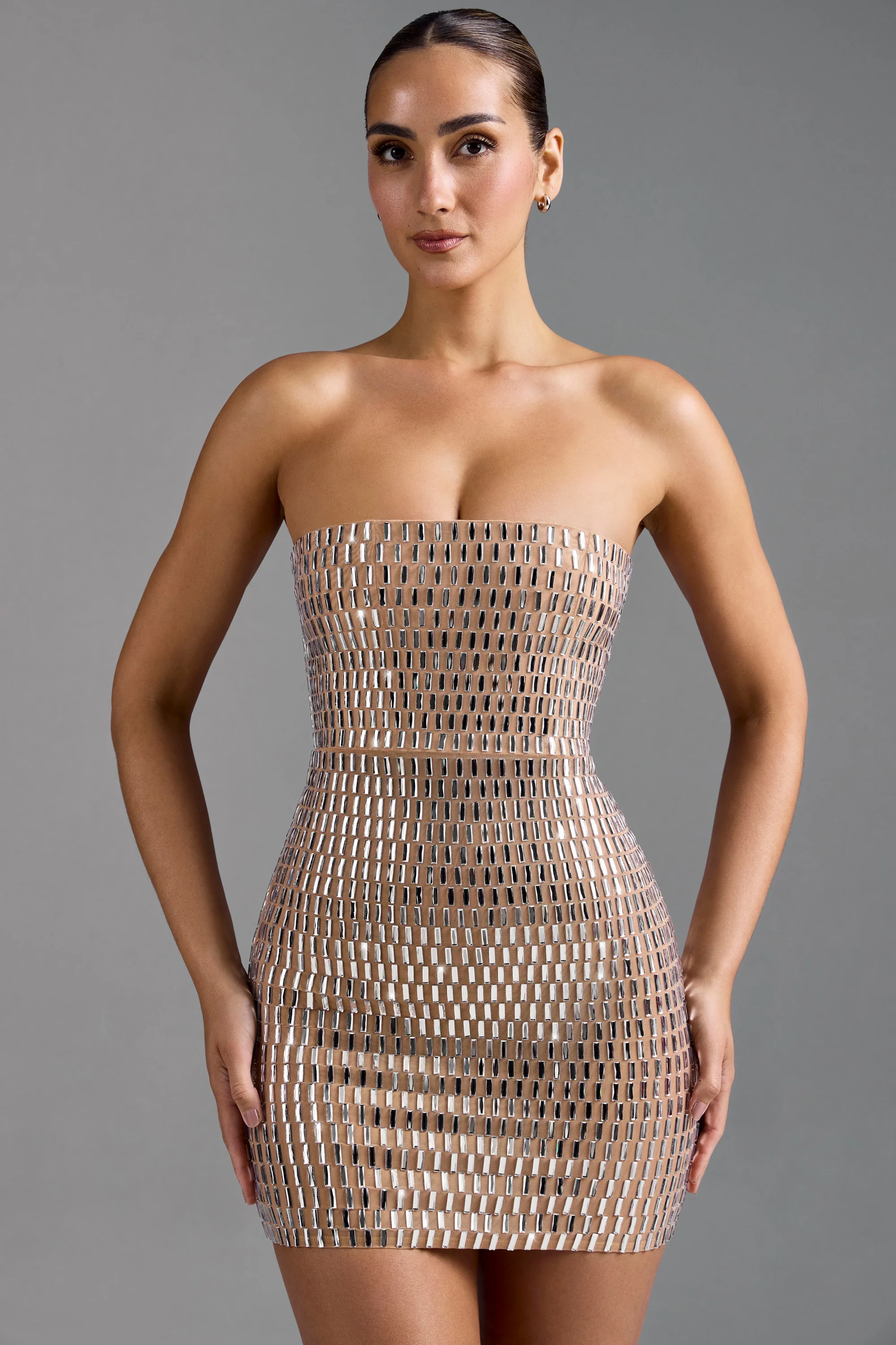 Embellished Bandeau Mini Dress in Almond - Image 10