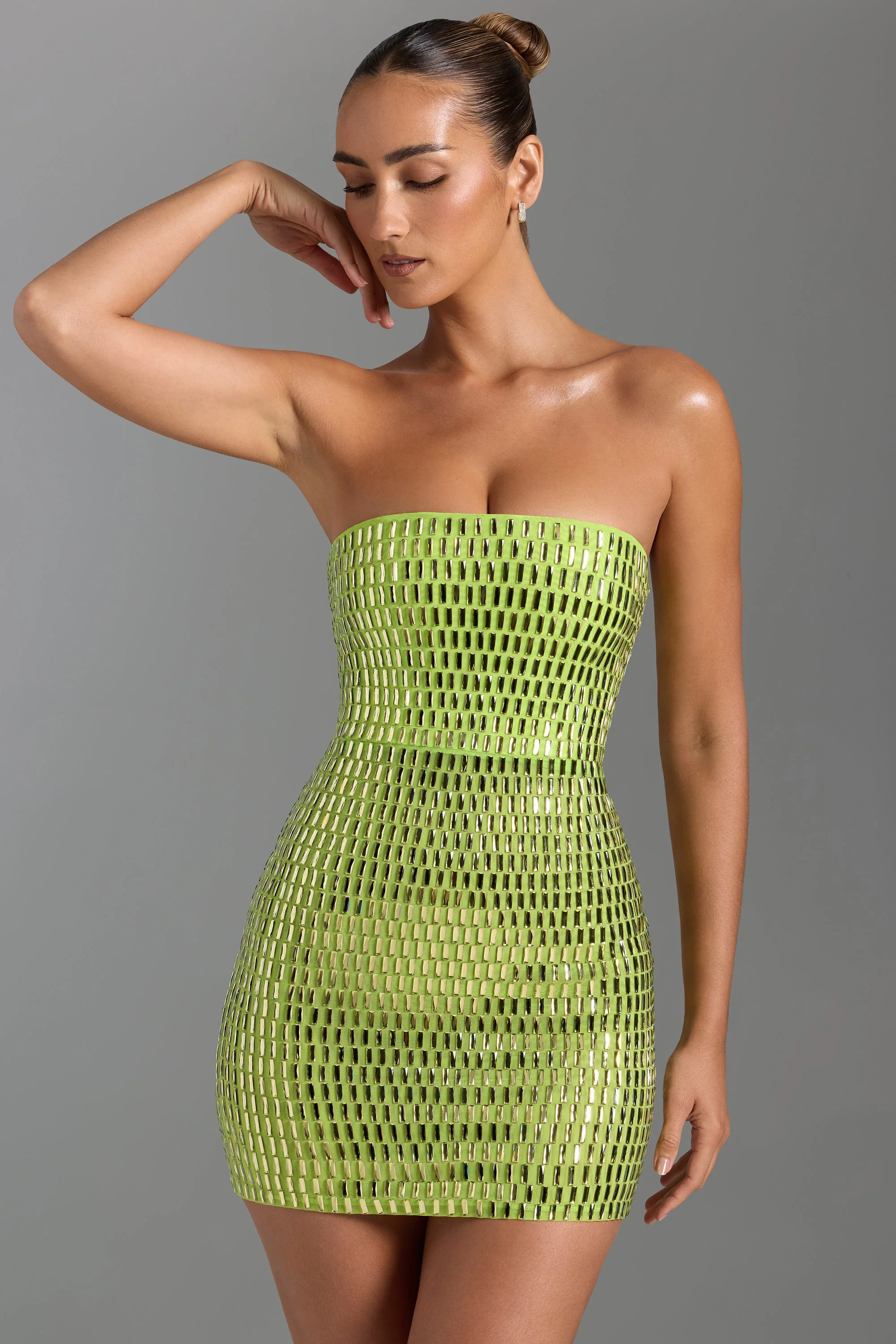 Embellished Bandeau Mini Dress in Pear Green - Image 7