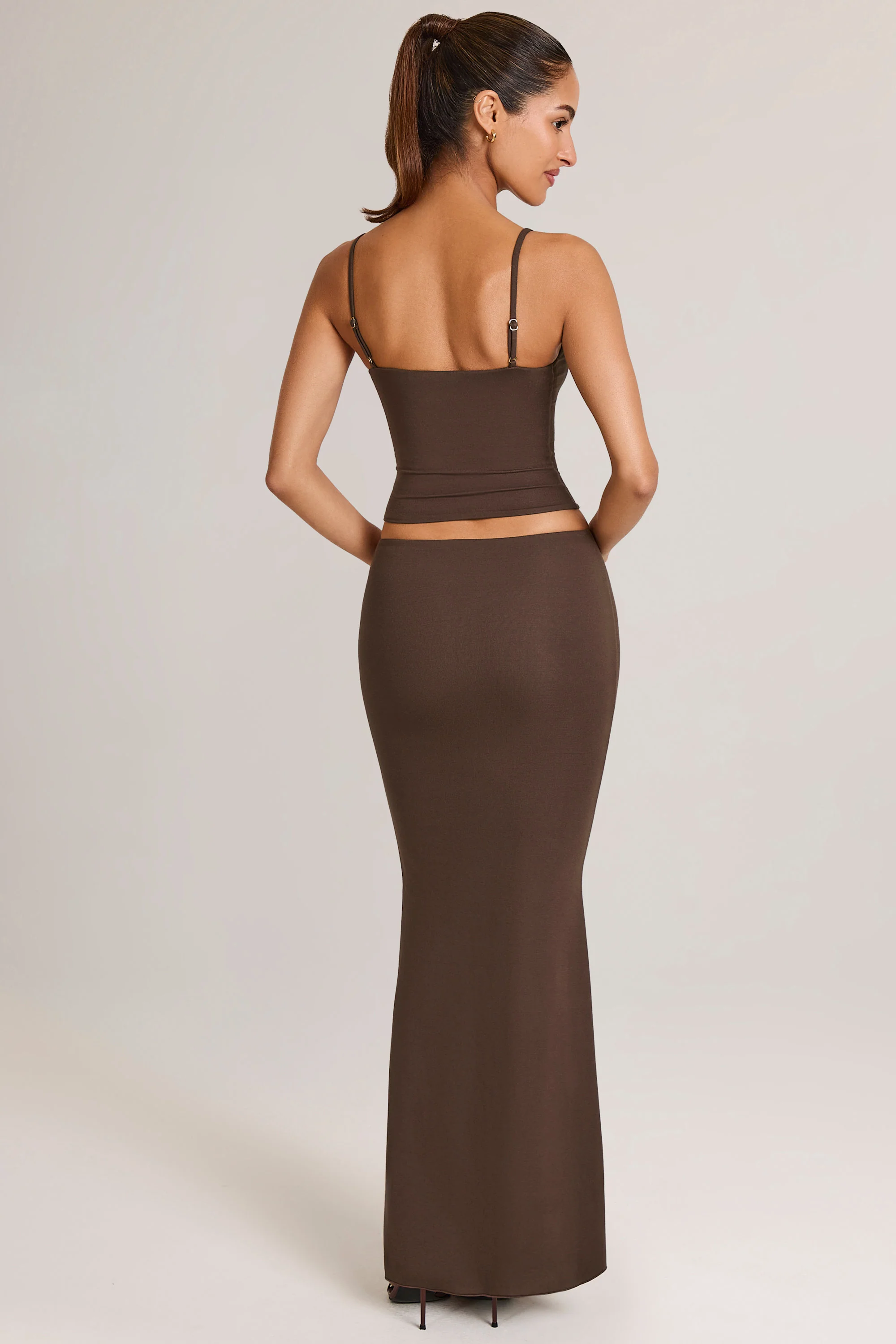 Modal Mid-Rise Fishtail Maxi Skirt in Chocolate Brown - Image 2