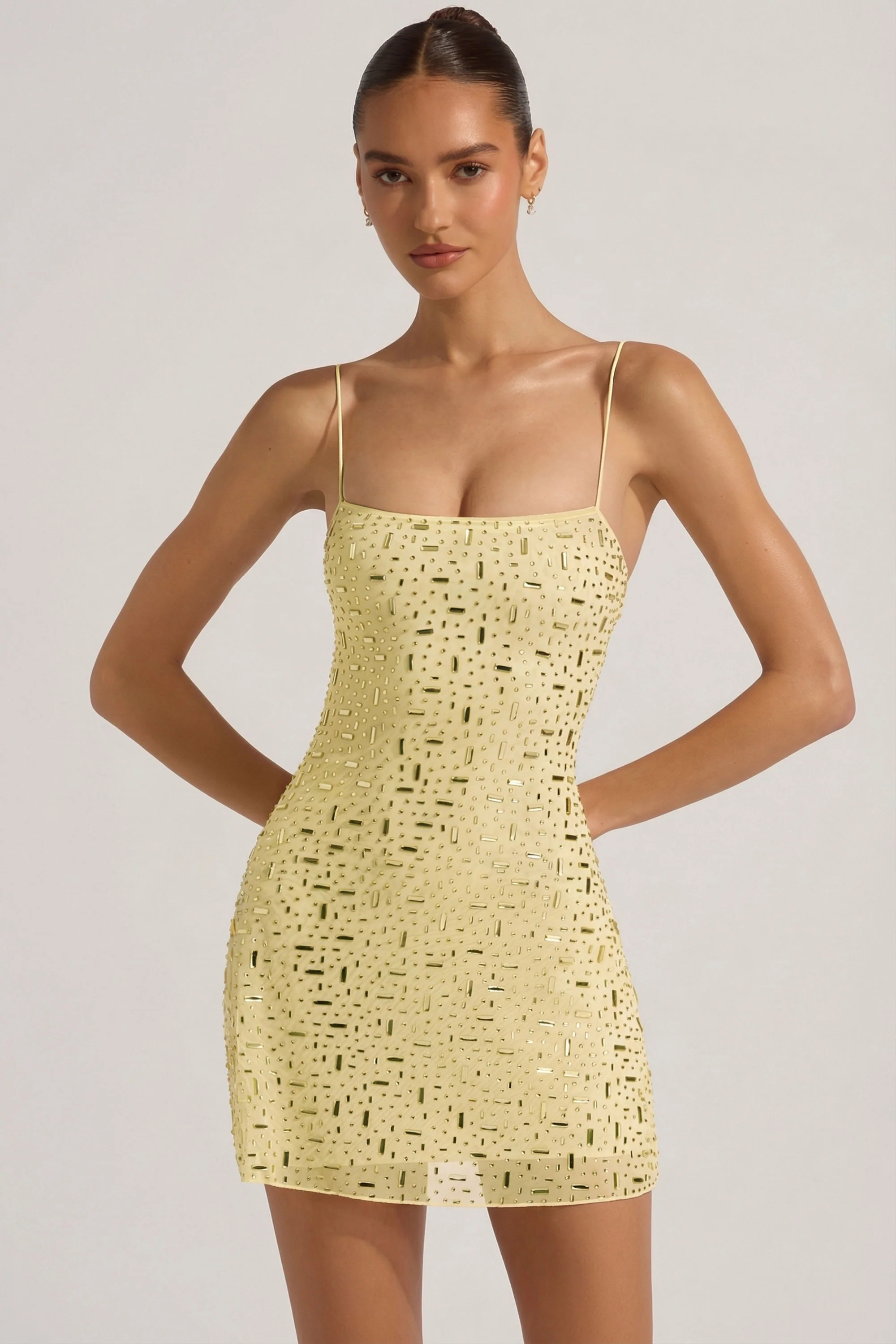 Sheer Embellished Square-Neck Mini Dress in Yellow - Image 6