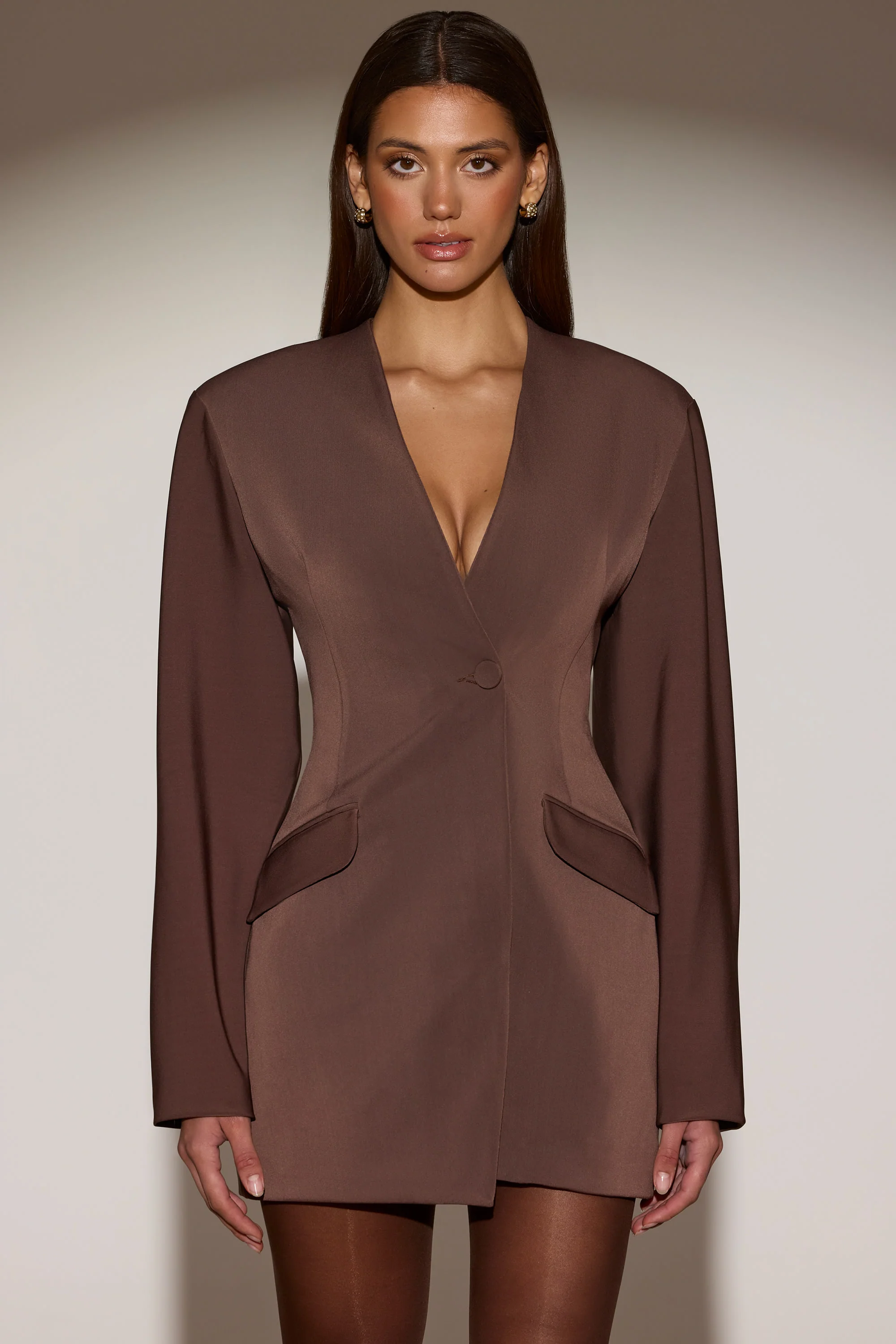 Single-Breasted Blazer Mini Dress in Chocolate Brown - Image 4