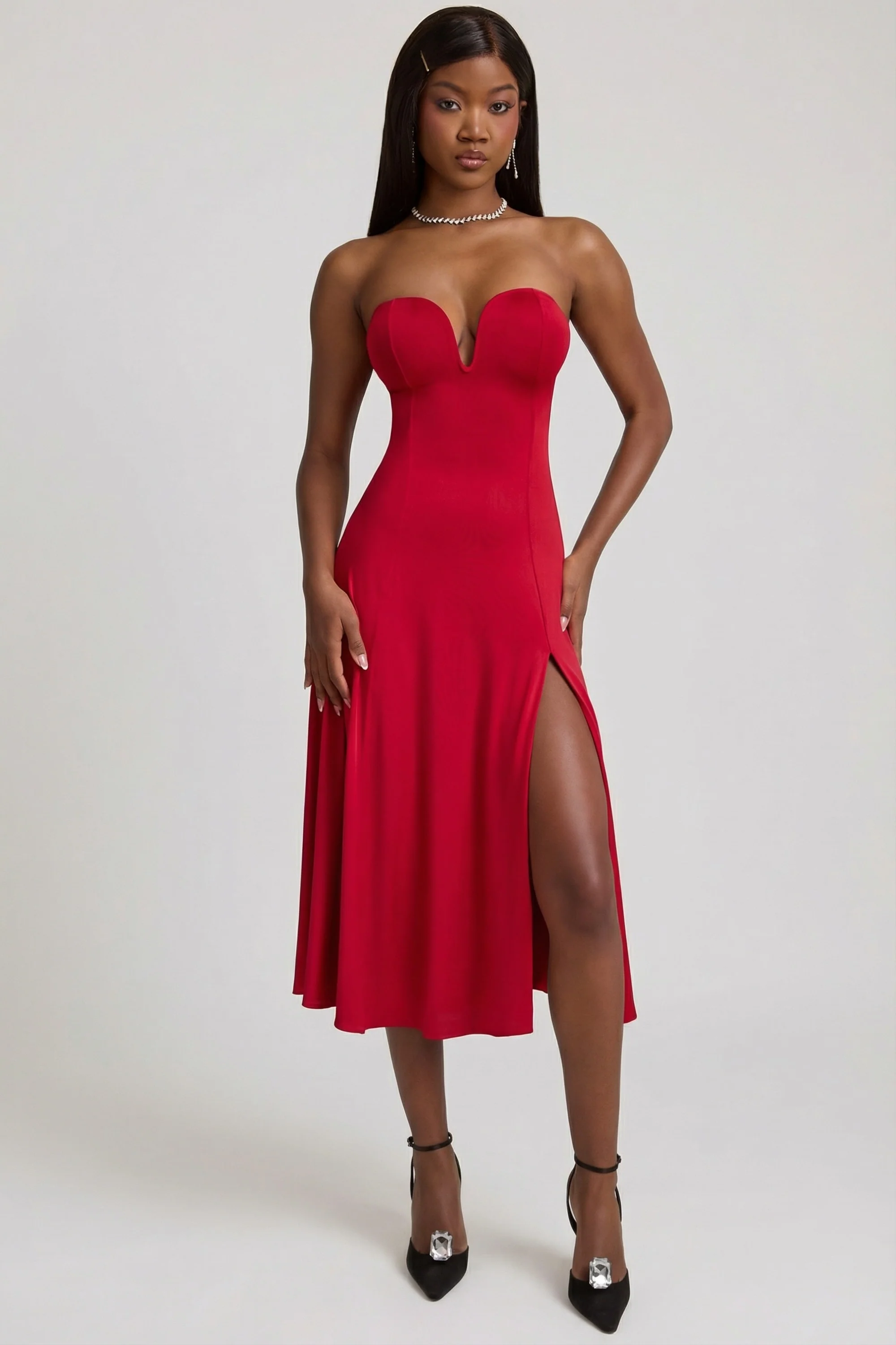 Slinky Jersey Strapless A-Line Midaxi Dress in True Red - Image 8