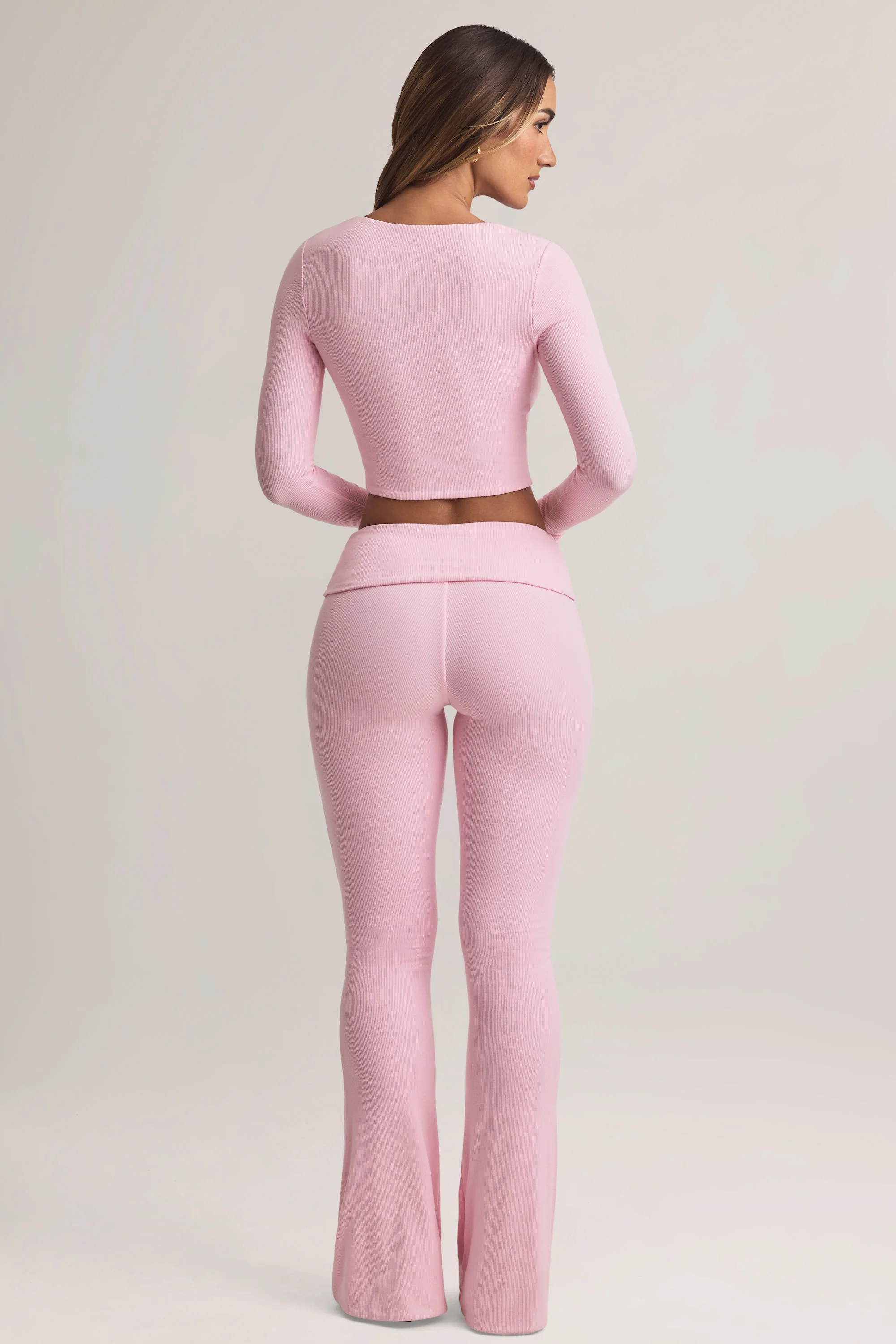 Modal Foldover Mid-Rise Flared Trousers in Pastel Pink - Image 3