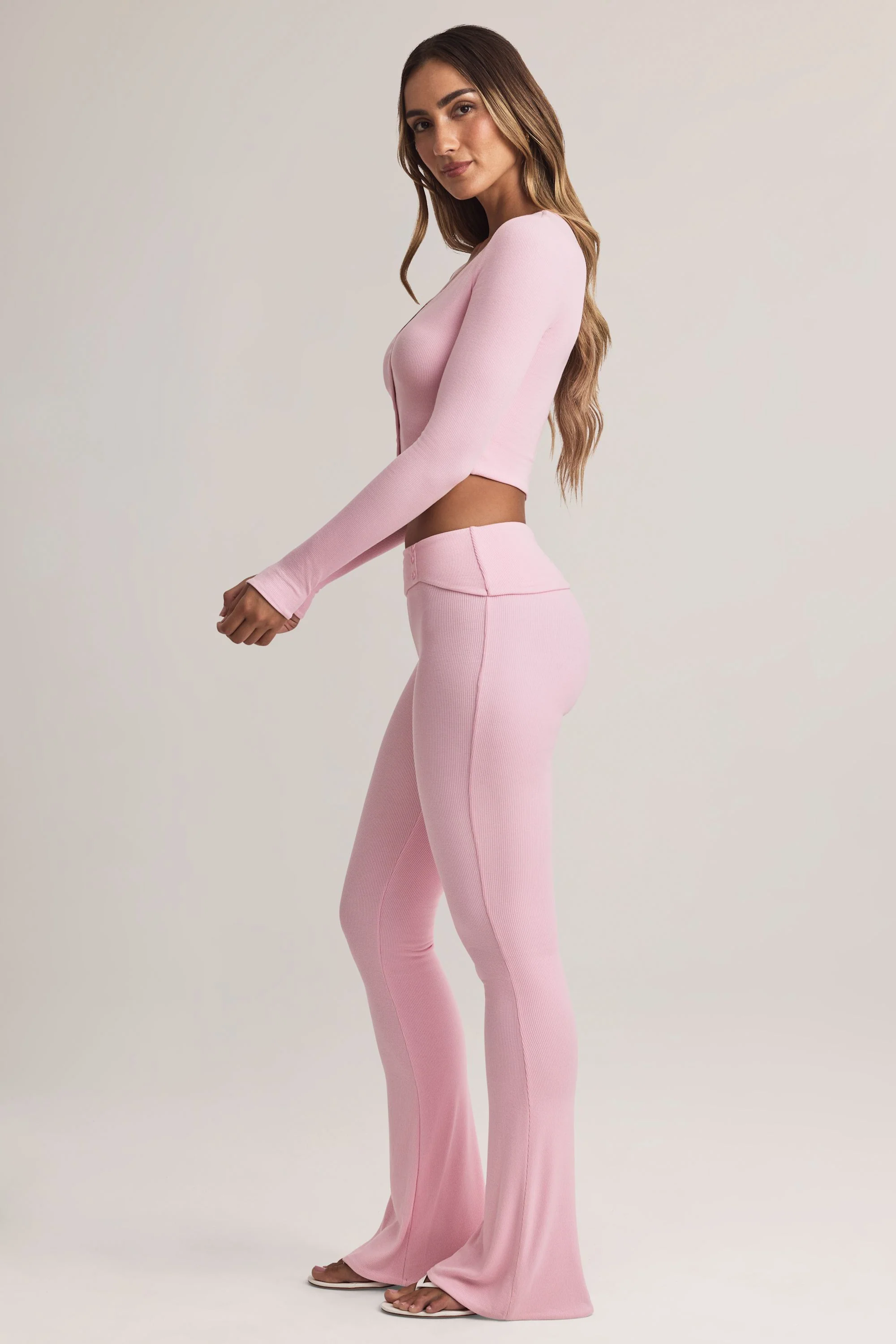 Modal Foldover Mid-Rise Flared Trousers in Pastel Pink - Image 4