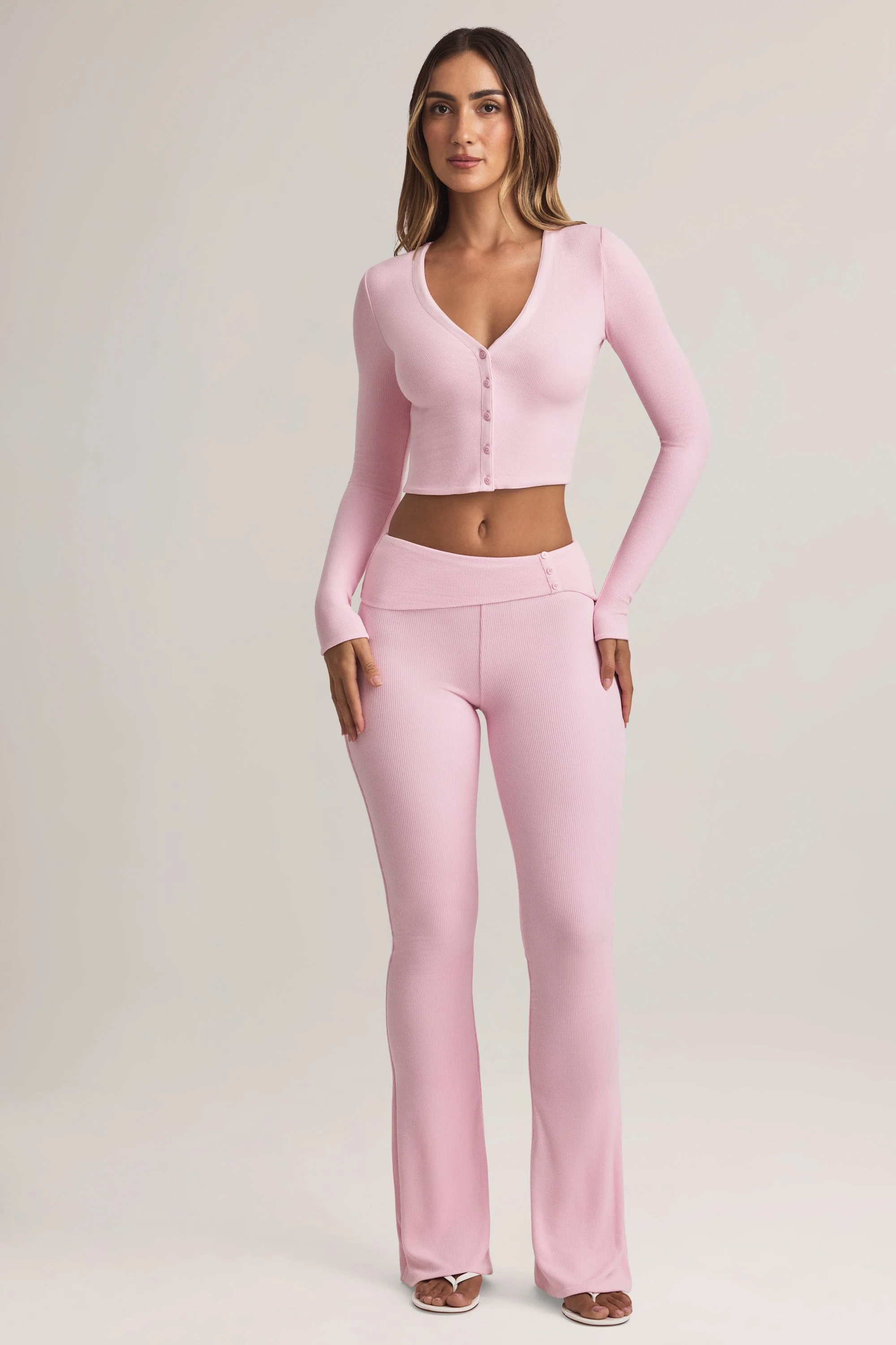 Modal Foldover Mid-Rise Flared Trousers in Pastel Pink - Image 5