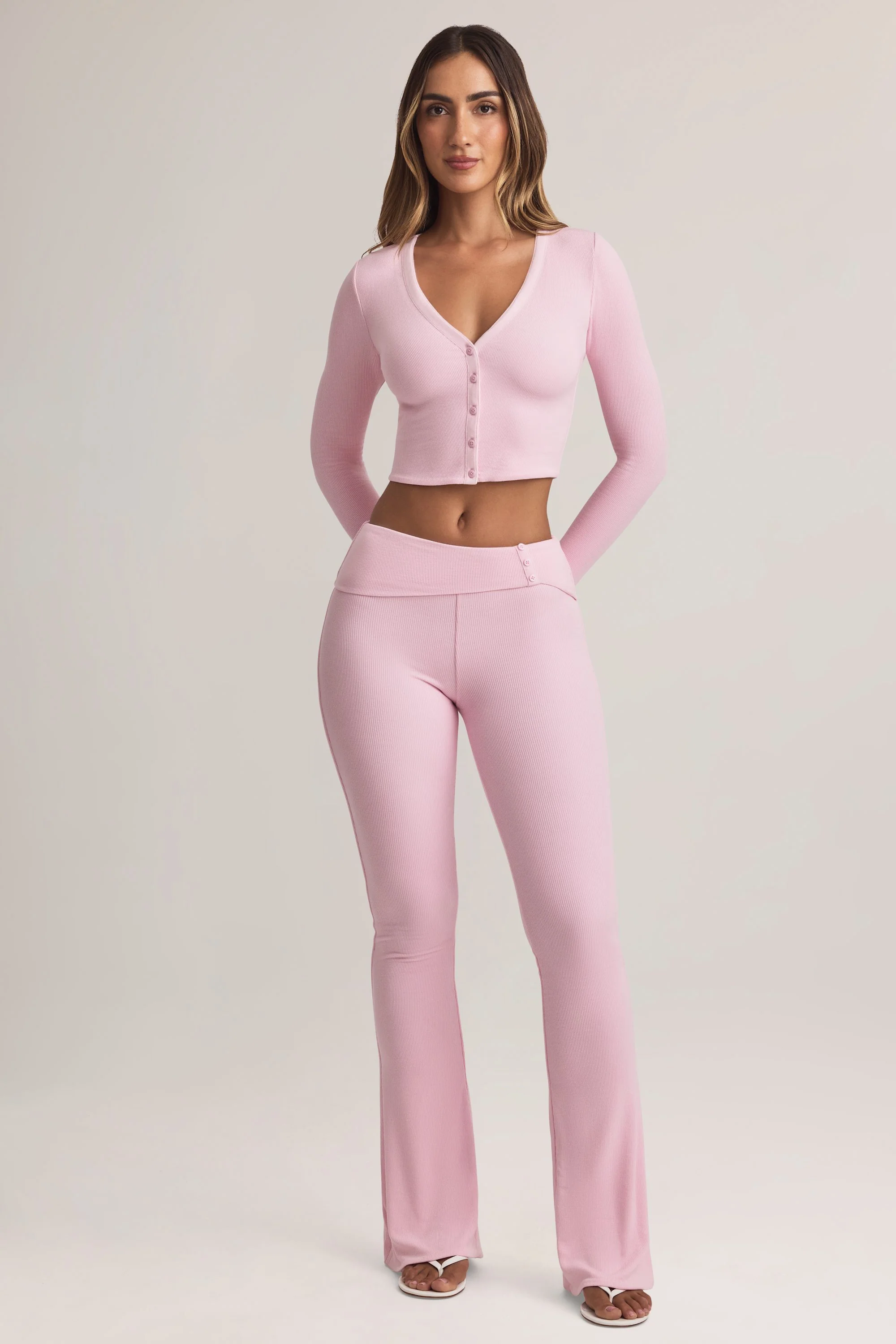 Modal Foldover Mid-Rise Flared Trousers in Pastel Pink - Image 6