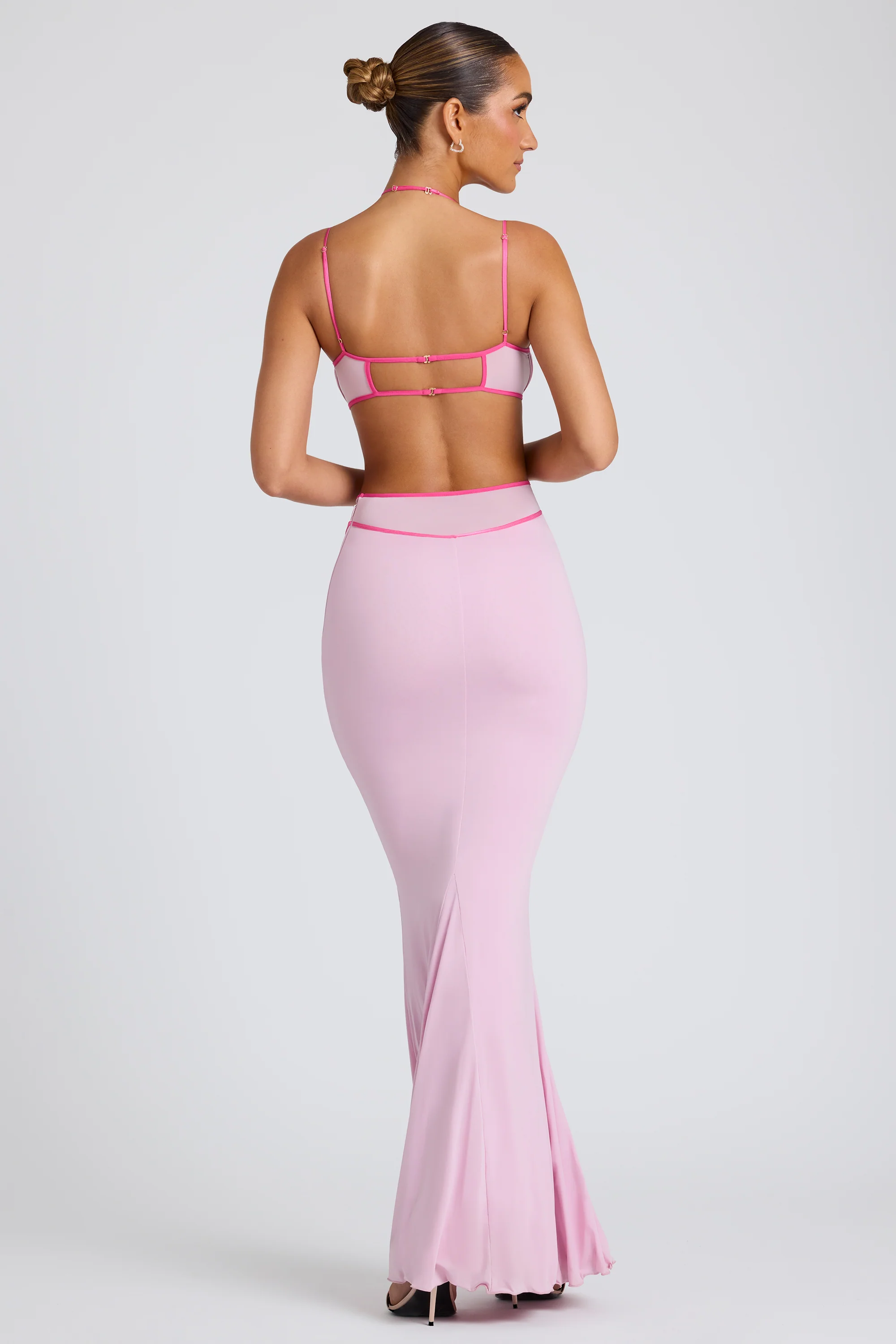 Contrast Binding Cut Out Evening Gown in Soft Pink - Image 3