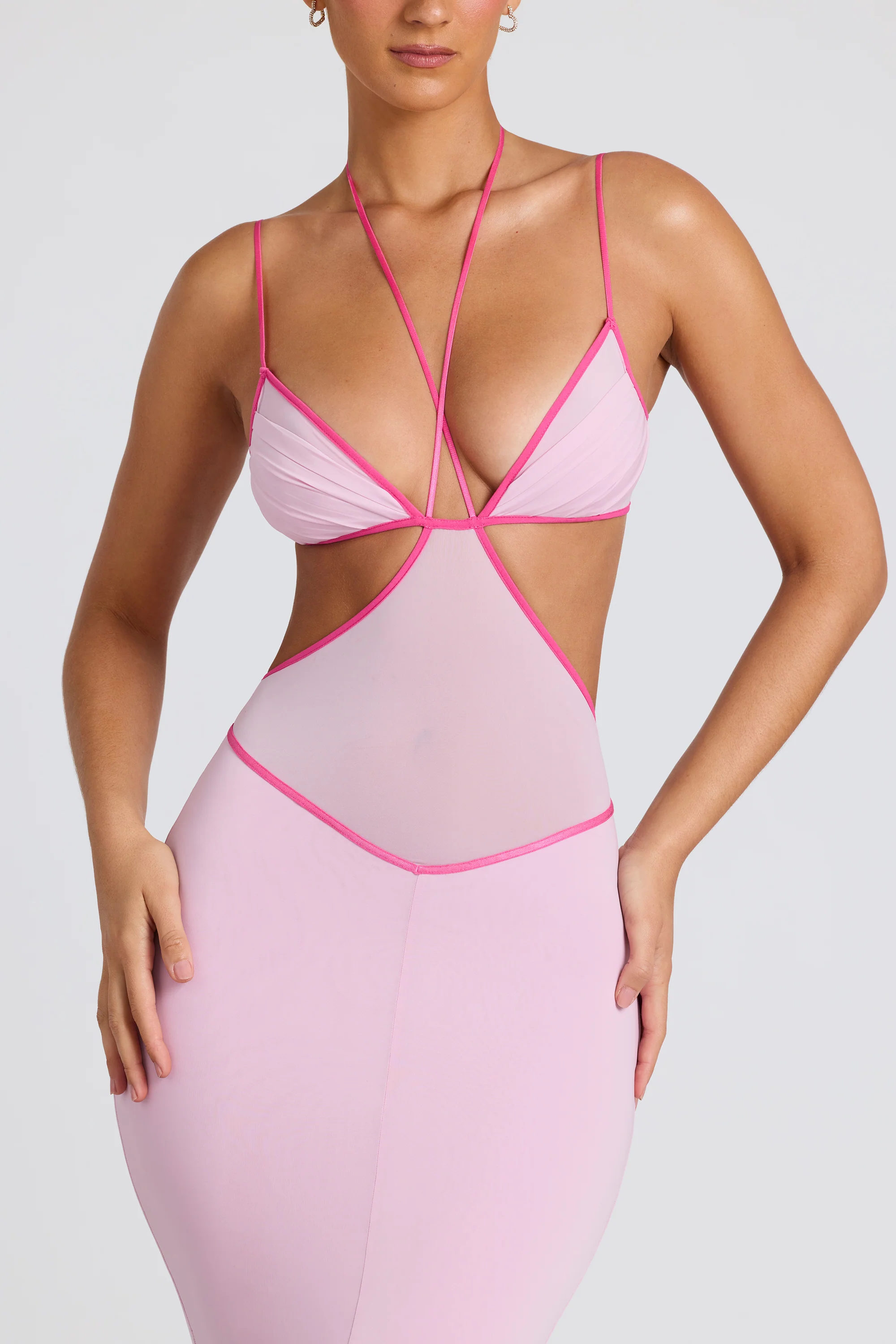 Contrast Binding Cut Out Evening Gown in Soft Pink - Image 5