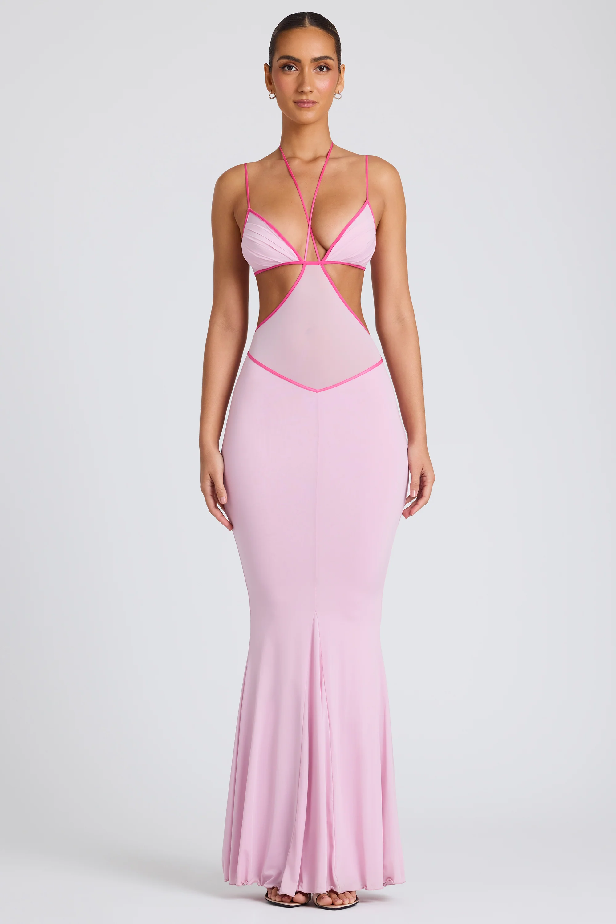 Contrast Binding Cut Out Evening Gown in Soft Pink - Image 6