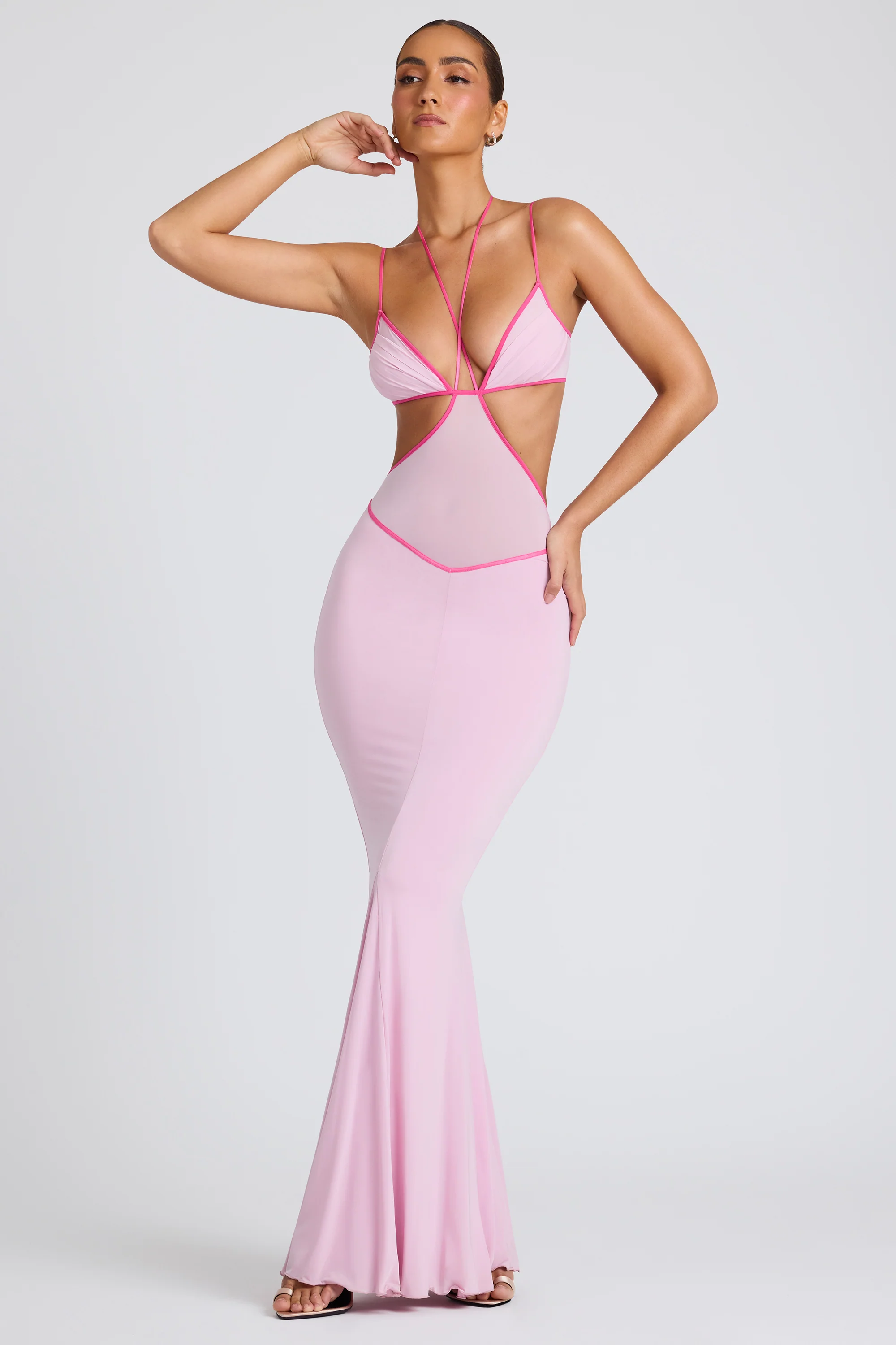 Contrast Binding Cut Out Evening Gown in Soft Pink - Image 8